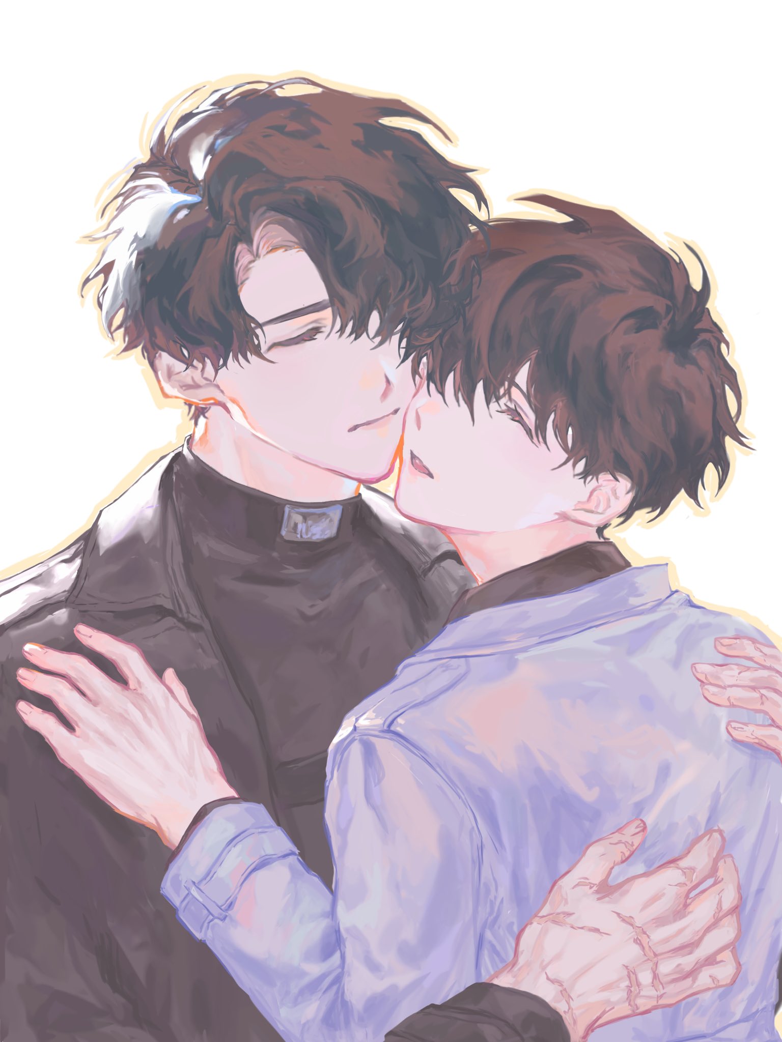 kim dokja, yoo joonghyuk, omniscient reader's viewpoint, highres, 2boys, black hair, closed eyes, face-to-face, hand on another's shoulder, hands on another's back, hug, male focus, multiple boys, multiple scars, parted lips, scar, scar on hand, short hair, upper body, v kyyi, yaoi
