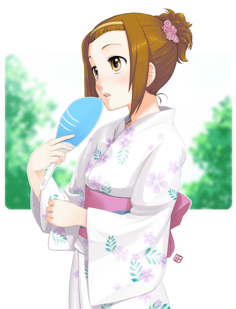 nagian, tainaka ritsu, k-on!, bad id, bad pixiv id, 00s, 1girl, brown eyes, brown hair, female focus, hairband, hand fan, japanese clothes, kimono, paper fan, ponytail, short hair, short ponytail, solo, tomboy, uchiwa, yukata