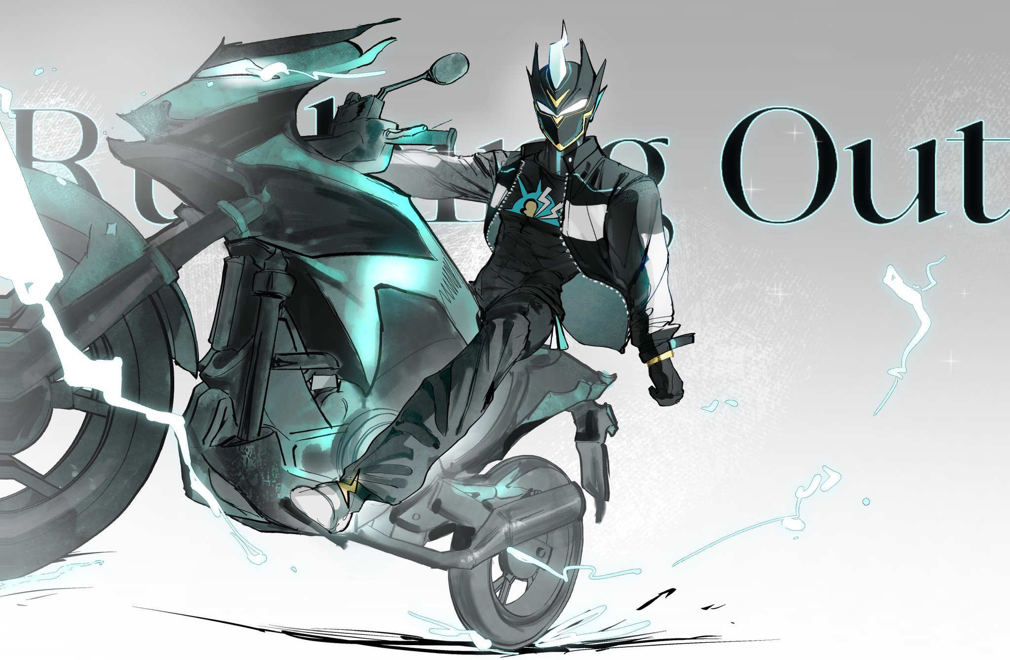 e-soul (to be hero x), to be hero, to be hero x, highres, 1boy, black gloves, black helmet, black jacket, black pantyhose, black shirt, boots, facing viewer, fake horns, full body, gloves, grey background, helmet, horned helmet, horns, jacket, jingfngyny80992, male focus, motor vehicle, motorcycle, on motorcycle, pantyhose, print shirt, shirt, solo, superhero costume