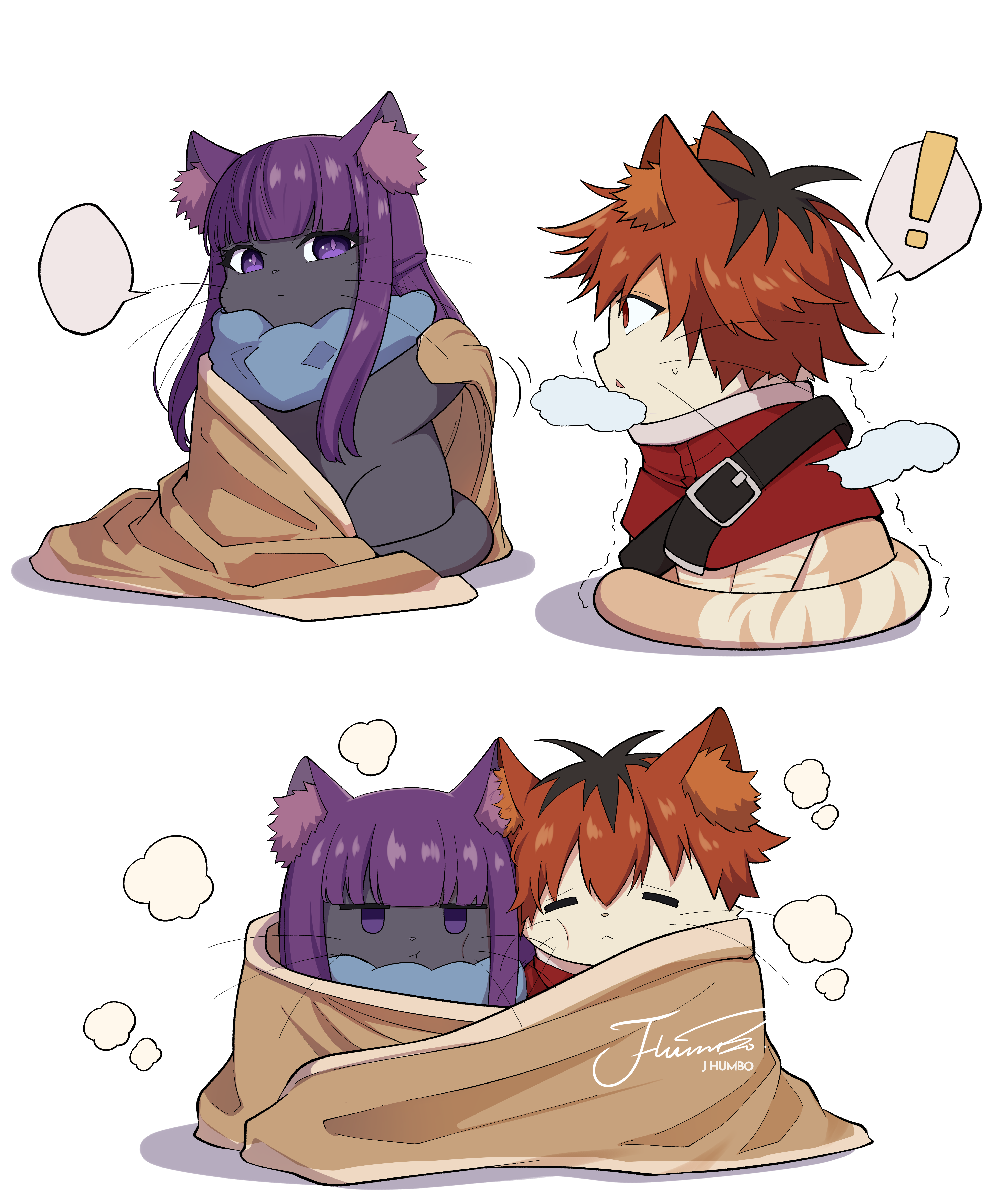 j humbo, fern (sousou no frieren), stark (sousou no frieren), sousou no frieren, absurdres, commentary, highres, symbol-only commentary, !, animal, animal ear fluff, animal with hair, animalization, antenna hair, black hair, blank speech bubble, cat, clothed animal, jacket, long hair, long sleeves, looking at viewer, no humans, pout, purple eyes, purple hair, red hair, red jacket, scarf, shared blanket, simple background, speech bubble, spoken exclamation mark, straight hair, white background