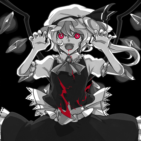 nakatani, flandre scarlet, touhou, 1girl, blood, fangs, female focus, hat, monochrome, ponytail, red eyes, short hair, side ponytail, solo, spot color, wings, you gonna get raped