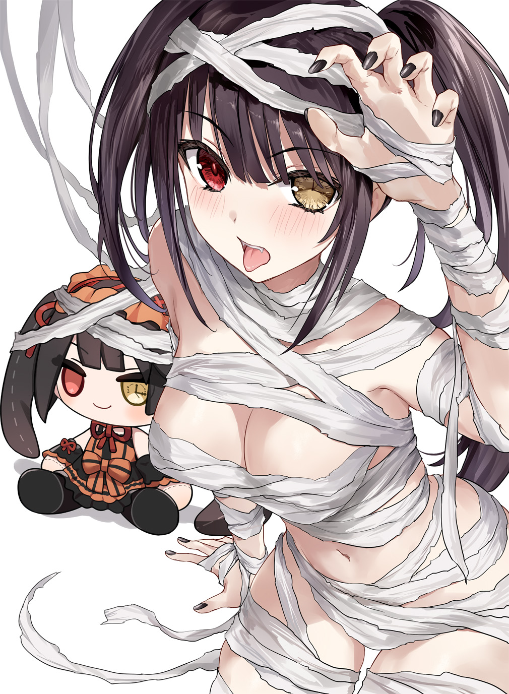 asle, tokisaki kurumi, date a live, commentary, highres, symbol-only commentary, 1girl, bandages, black nails, breasts, brown hair, cat, character doll, claw pose, clock eyes, doll, fangs, heterochromia, looking at viewer, naked bandage, navel, red eyes, simple background, sitting, solo, stomach, stuffed toy, symbol-shaped pupils, tongue, tongue out, twintails, yellow eyes