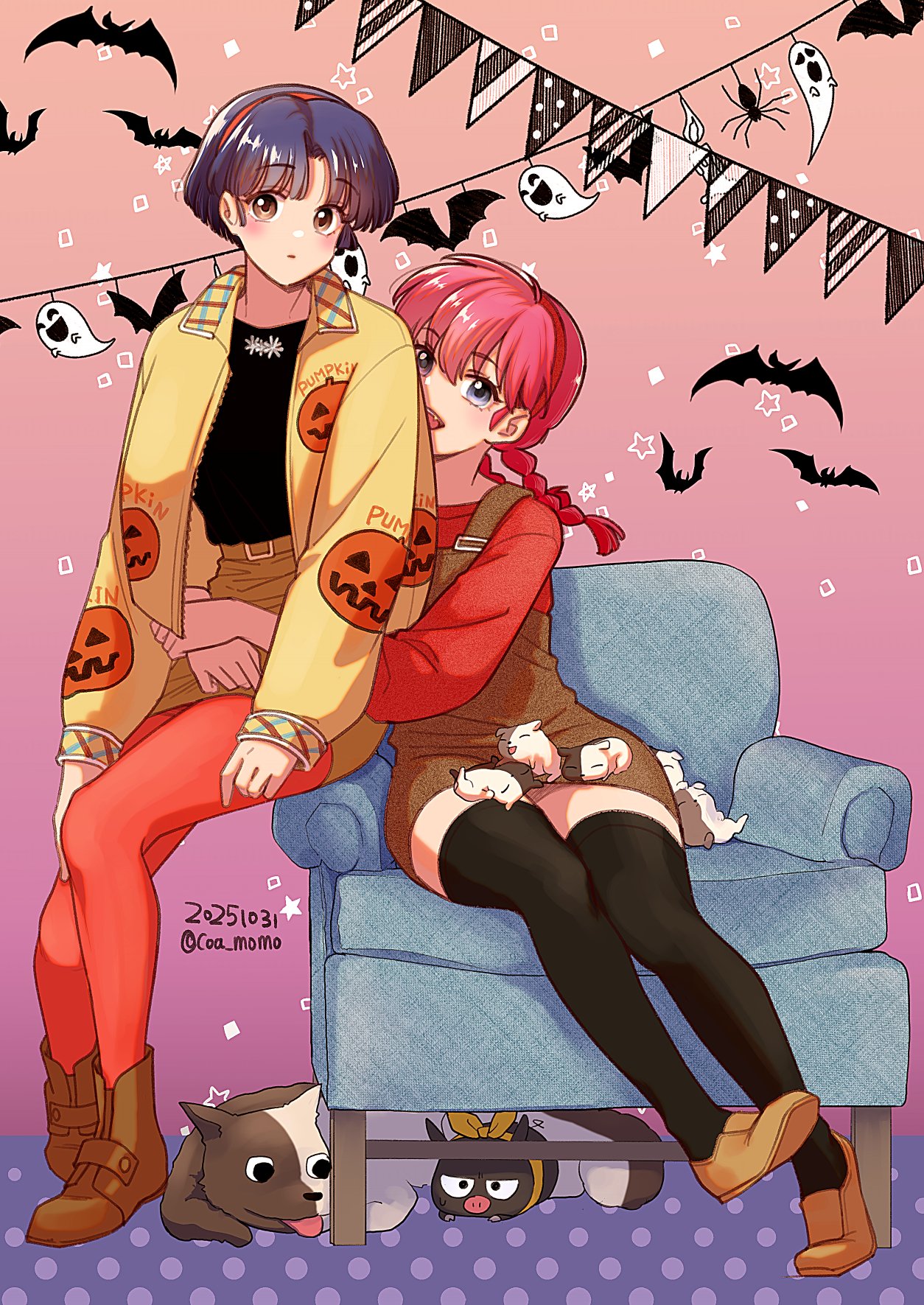 coa (momo), p-chan, ranma-chan, saotome ranma, tendou akane, ranma 1/2, commentary, english commentary, highres, 2girls, :d, alternate hairstyle, armchair, arms around waist, artist name, baby animal, black shirt, black thighhighs, blue eyes, blush, bob cut, boots, braid, brown boots, brown eyes, brown overalls, brown shoes, bug, bunting, casual, chair, closed mouth, dated, decorations, dog, dot mouth, expressionless, full body, genderswap, genderswap (ftm), ghost, gradient background, hair between eyes, hairband, halloween, high-waist skirt, hug, hug from behind, jacket, long sleeves, looking at viewer, multiple girls, on chair, open clothes, open jacket, open mouth, orange background, overall shorts, overalls, pantyhose, parted bangs, polka dot, polka dot background, pumpkin print, puppy, purple background, purple hair, red hair, red hairband, red pantyhose, red shirt, shirokuro (ranma 1/2), shirt, shoes, short hair, signature, sitting, skirt, sleeves past wrists, smile, spider, string of flags, sweatdrop, teeth, thighhighs, twin braids, twitter username, upper teeth only, yellow jacket, yellow skirt, zettai ryouiki
