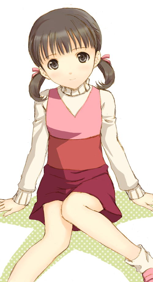 seiru (prairie), doujima nanako, atlus, persona, persona 4, 1girl, black eyes, black hair, child, female focus, short hair, skirt, smile, solo, turtleneck, twintails