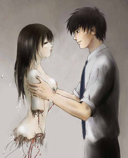 artist request, source request, tagme, 1boy, 1girl, amputee, android, black hair, breasts, broken, closed eyes, couple, grey background, long hair, necktie, nude, quadruple amputee, short hair, sideboob, smile, standing, wet