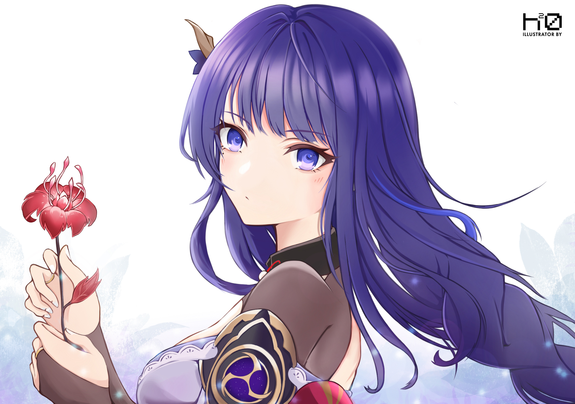 hang.2o, raiden shogun, genshin impact, commentary request, highres, 1girl, armor, artist name, blunt bangs, blurry, blurry background, braid, bridal gauntlets, closed mouth, flower, hair ornament, holding, holding flower, japanese clothes, kimono, light blush, long braid, looking to the side, mole, mole under eye, multicolored hair, neck ribbon, off shoulder, outdoors, plant, purple eyes, purple kimono, red flower, red ribbon, ribbon, shoulder armor, single braid, solo, standing, streaked hair, upper body