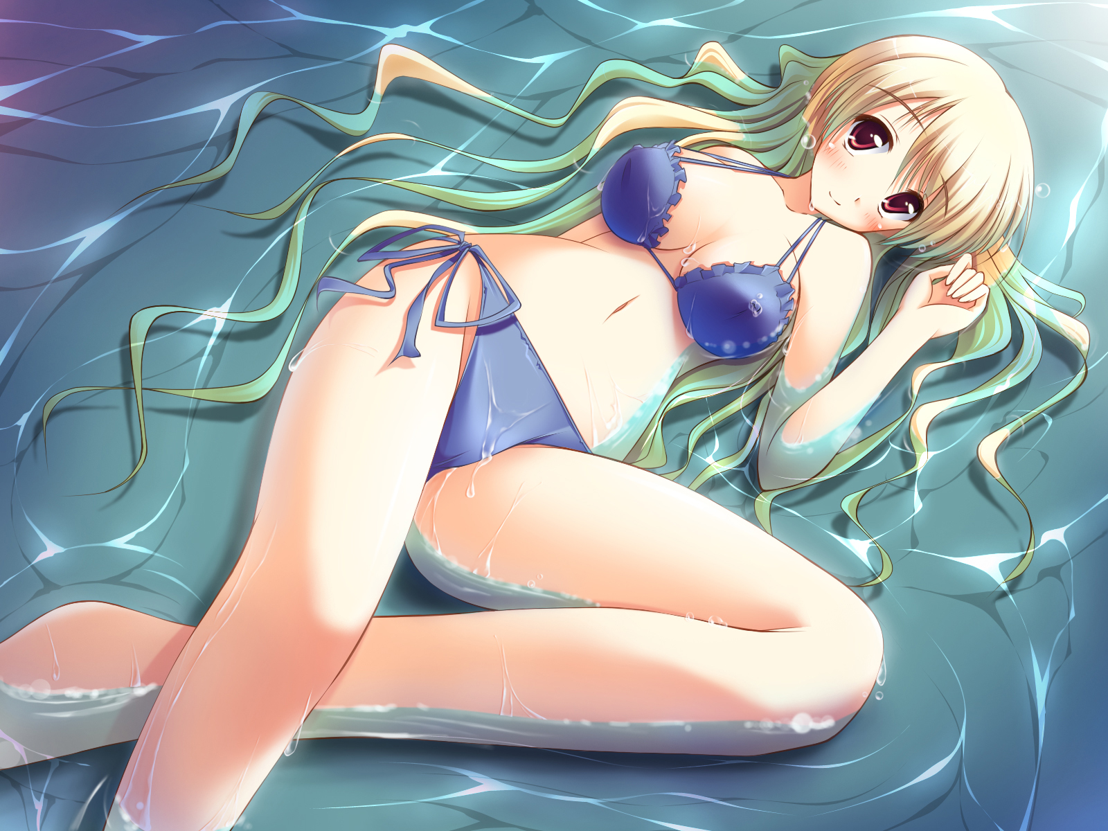 massan, original, highres, 1girl, bad anatomy, bad feet, barefoot, bikini, blonde hair, blue bikini, blush, feet, female focus, long hair, lying, navel, on side, orange eyes, poorly drawn, side-tie bikini bottom, solo, submerged, swimsuit, very long hair, water, wet
