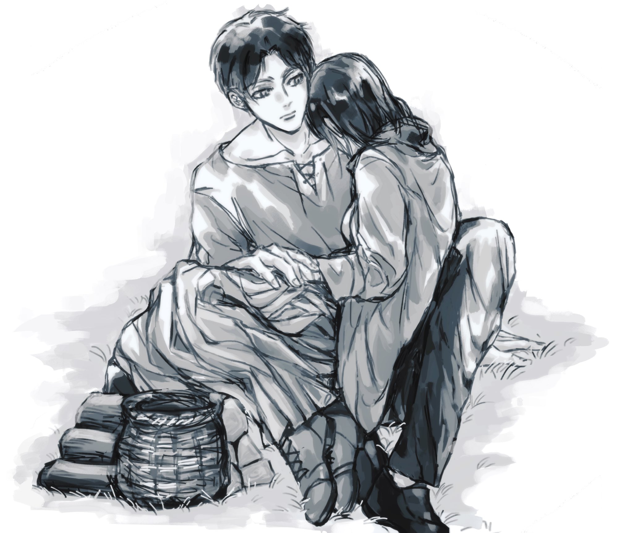 eren yeager, mikasa ackerman, shingeki no kyojin, highres, 1boy, 1girl, basket, black pants, breasts, cardigan, couple, em1607230229543, full body, grey shirt, greyscale, hetero, holding hands, long hair, long skirt, medium breasts, monochrome, pants, parted bangs, shirt, shoes, short hair, sitting, sitting on lap, sitting on person, sketch, skirt, white background