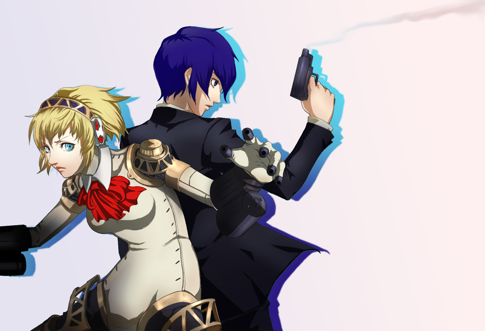jorogumo, aigis (persona), yuuki makoto (persona 3), atlus, persona, persona 3, blonde hair, blue eyes, blue hair, evoker, gun, weapon