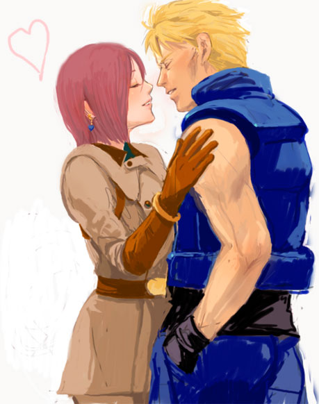 cheshirecat, hiyori chisha, clark still, whip (kof), snk, the king of fighters, 1boy, 1girl, blonde hair, brown hair, heart