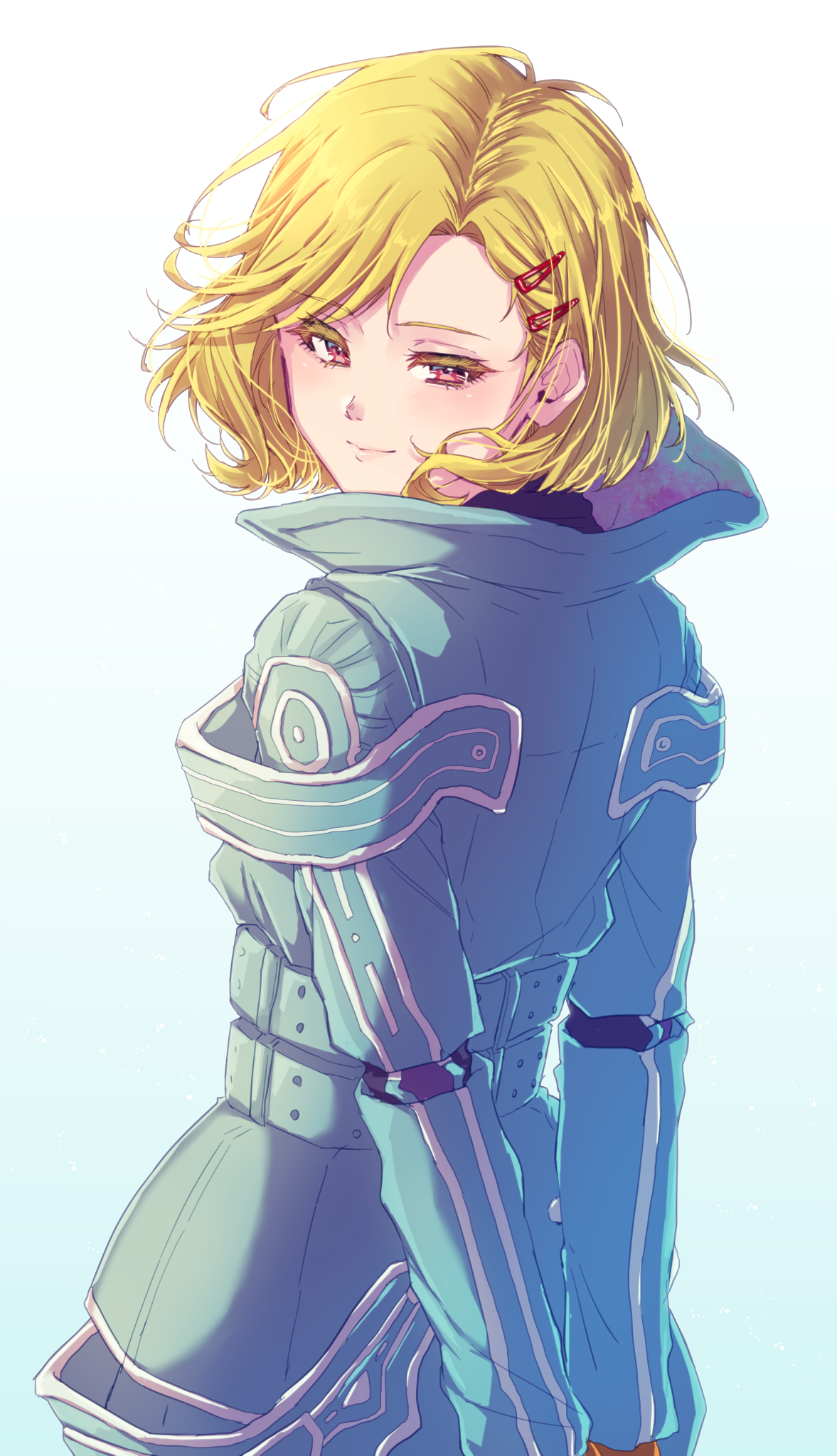 24mbb, setsu (gnosia), gnosia, highres, 1other, antenna hair, aqua coat, blonde hair, coat, hair between eyes, hair ornament, hairclip, looking at viewer, other focus, red eyes, short hair, simple background, smile, solo, turtleneck, upper body, white background