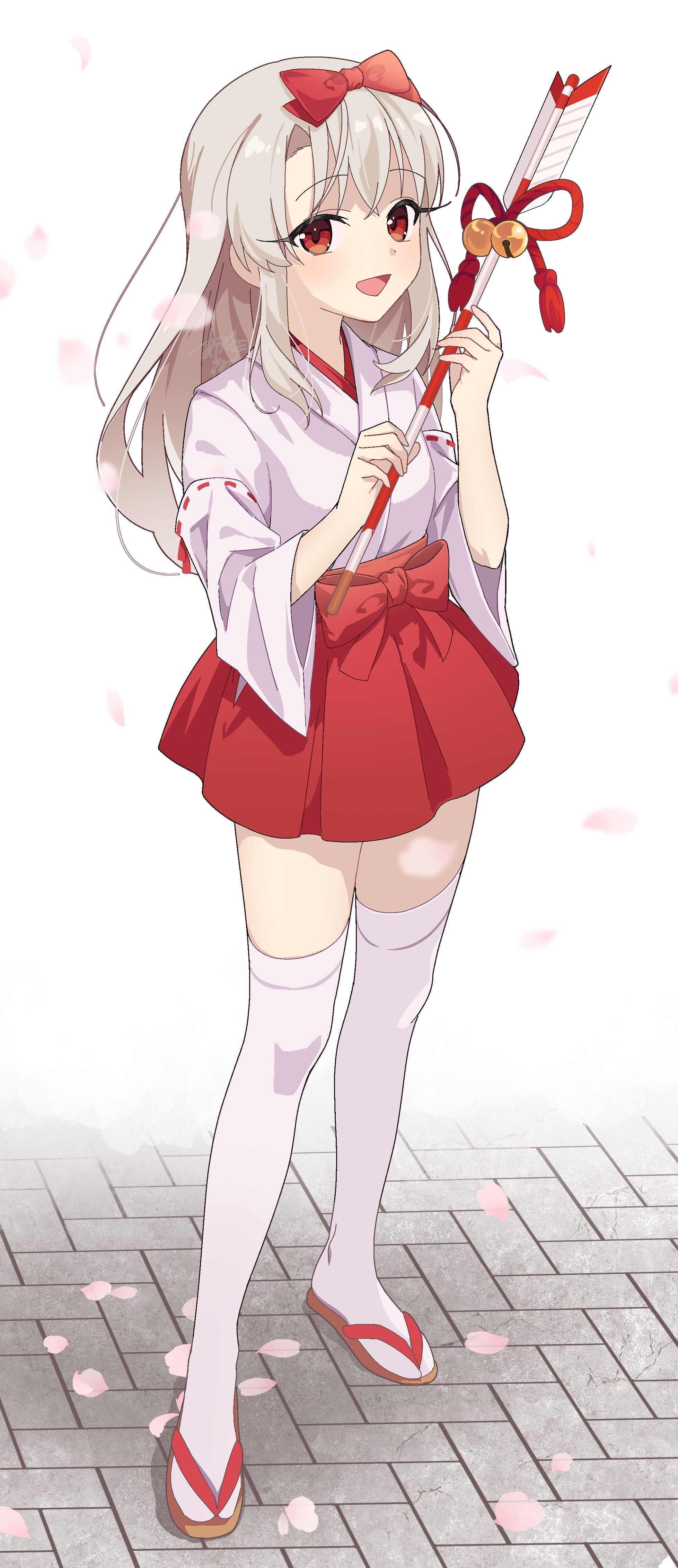 akaneko016, illyasviel von einzbern, fate/grand order, fate/kaleid liner prisma illya, fate (series), absurdres, highres, 1girl, arrow (projectile), bell, blush, bow, brown sandals, eyelashes, full body, grey hair, hair between eyes, hair bow, hands up, holding, holding arrow, japanese clothes, kimono, long hair, long sleeves, looking at viewer, miniskirt, open mouth, petals, red bow, red eyes, red ribbon, red skirt, ribbon, sandals, shadow, sidelocks, simple background, skirt, smile, solo, standing, thighhighs, white background, white kimono, white thighhighs, wide sleeves