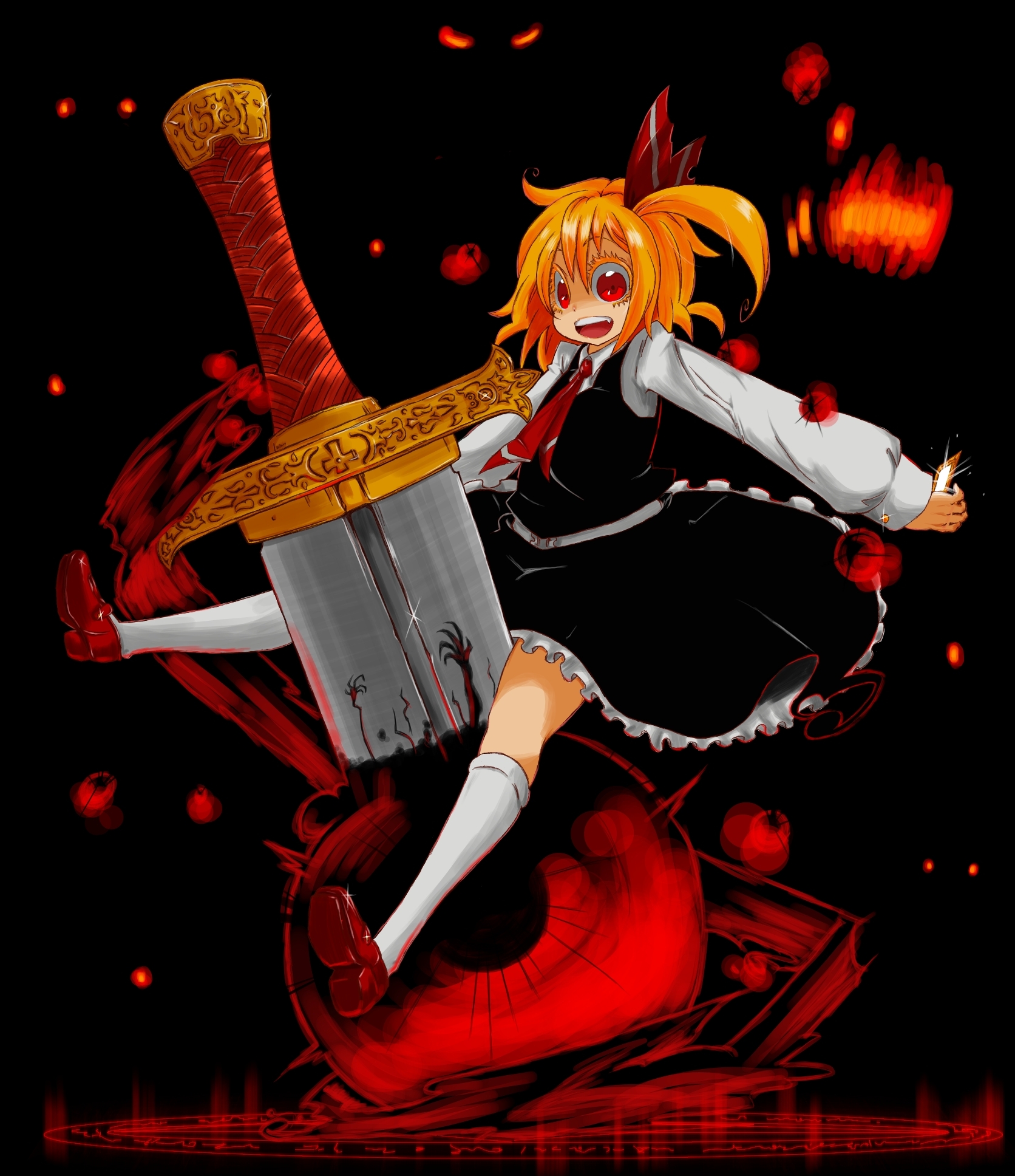 haiiro gundan, ex-rumia, rumia, embodiment of scarlet devil, touhou, highres, 1girl, blonde hair, female focus, hair ribbon, huge weapon, kneehighs, red eyes, ribbon, short hair, socks, solo, sword, weapon