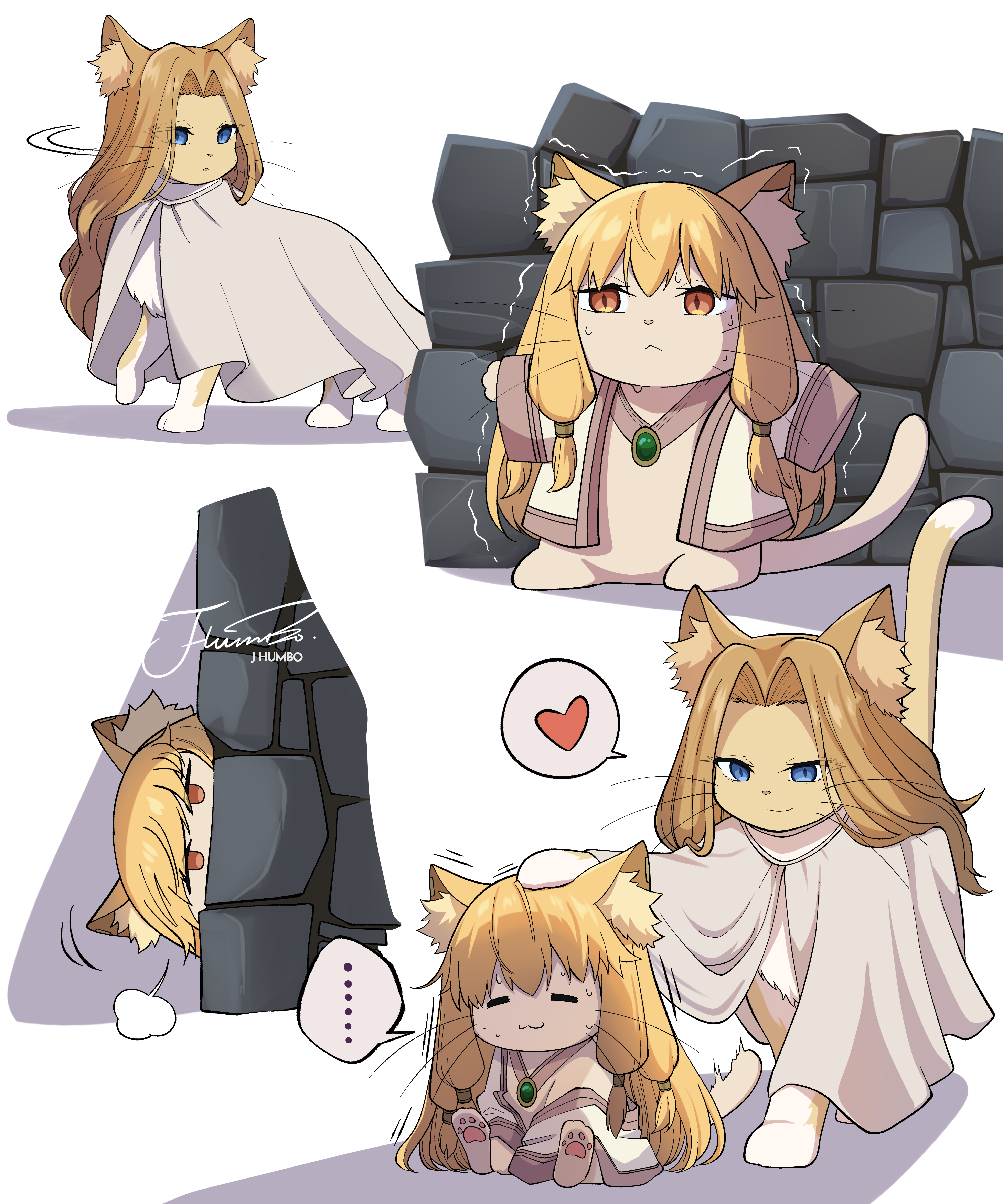 j humbo, methode (sousou no frieren), serie (sousou no frieren), sousou no frieren, absurdres, commentary, highres, symbol-only commentary, …, :<, :3, animal, animal ear fluff, animal with hair, animalization, blonde hair, blue eyes, brick wall, cat, cloak, clothed animal, coat, heart, hiding, long hair, no humans, open clothes, open coat, signature, smile, spoken ellipsis, spoken heart, sweat, trembling
