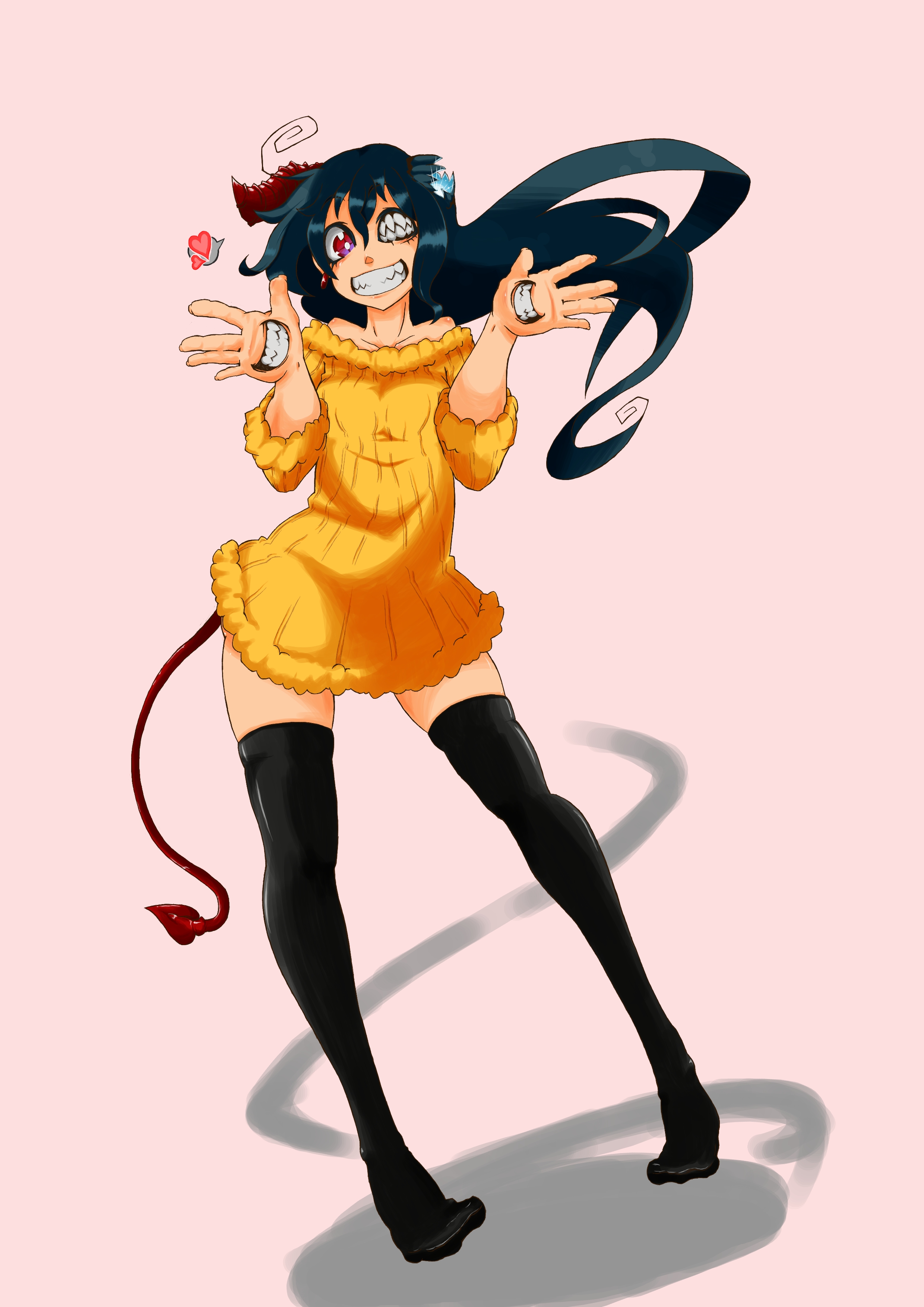 haiiro gundan, original, absurdres, highres, 1girl, black hair, extra mouth, female focus, grin, heart, horns, long hair, monster girl, orange shirt, red eyes, shadow, shirt, smile, solo, sweater, tail, teeth, thighhighs, what