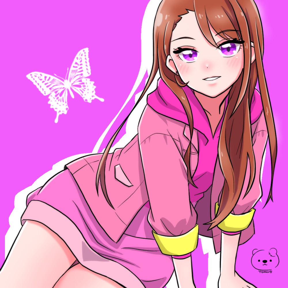 moro precure, hijiri ageha, hirogaru sky! precure, precure, commentary, 1girl, arm support, artist logo, artist name, asymmetrical bangs, brown hair, bug, butterfly, earrings, hood, hood down, hoodie, insect, jacket, jewelry, leaning to the side, logo, long hair, long hoodie, looking at viewer, open clothes, open jacket, parted lips, pink background, pink hoodie, pink jacket, purple eyes, silhouette, simple background, sitting, smile, solo, stud earrings