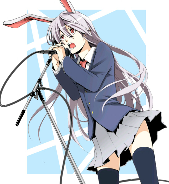 kurohachimitsu, reisen udongein inaba, touhou, bad id, bad pixiv id, 1girl, animal ears, blazer, female focus, jacket, long hair, microphone, microphone stand, music, pleated skirt, purple hair, rabbit ears, red eyes, singing, skirt, solo, thighhighs, white background, zettai ryouiki
