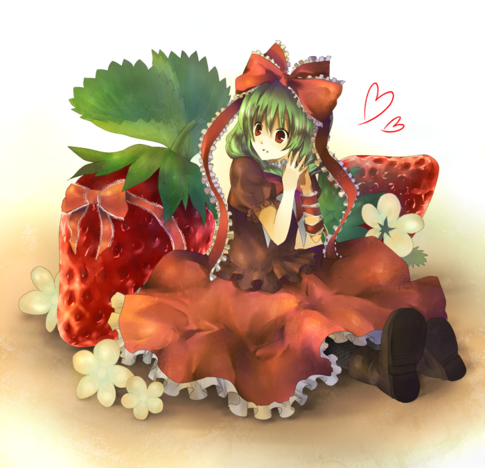 vitaminlemon, kagiyama hina, touhou, bad id, bad pixiv id, 1girl, arm ribbon, boots, bow, dress, female focus, food, frills, front ponytail, fruit, green hair, hair ribbon, heart, in food, mini person, minigirl, own hands together, red dress, red eyes, ribbon, sitting, smile, solo, steepled fingers, strawberry