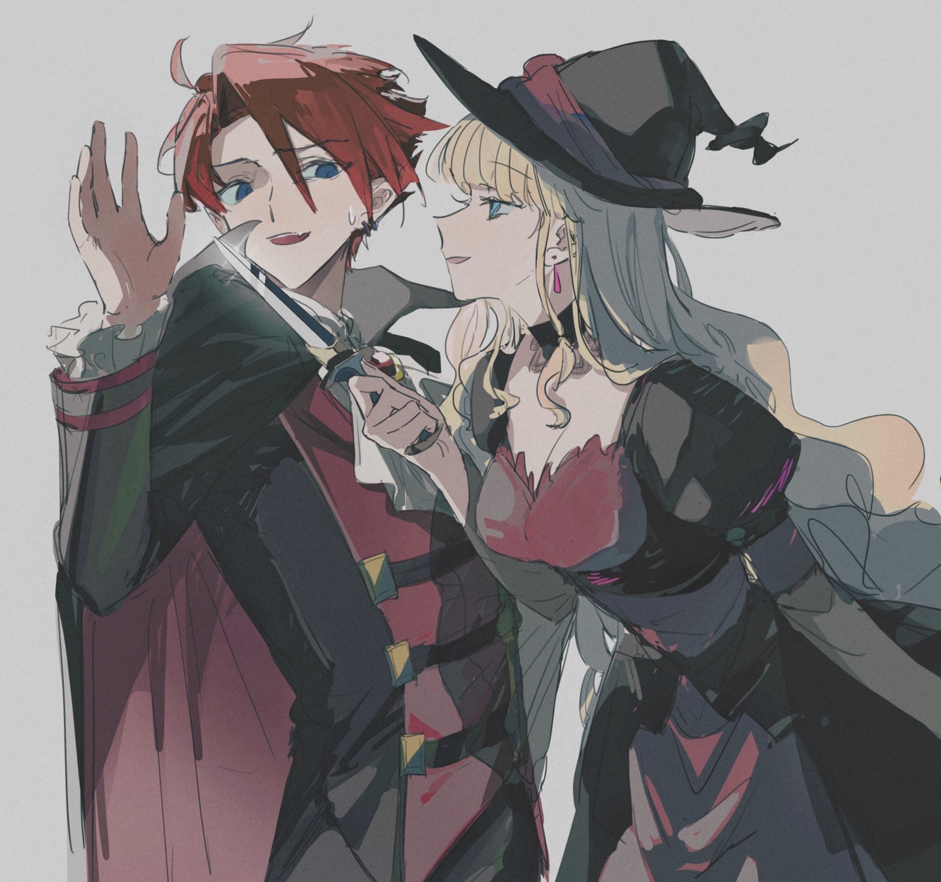 finsuess, beatrice (umineko), ushiromiya battler, umineko no naku koro ni, highres, 1boy, 1girl, alternate costume, ascot, black cape, black dress, blonde hair, blue eyes, breasts, cape, cleavage, couple, dagger, dress, earrings, eye contact, fang, frilled sleeves, frills, gem, halloween costume, hand up, hat, hetero, holding, holding dagger, holding knife, holding weapon, jewelry, knife, long hair, looking at another, popped collar, puffy sleeves, red gemstone, red hair, single hair intake, upper body, wavy hair, weapon, white ascot, witch hat
