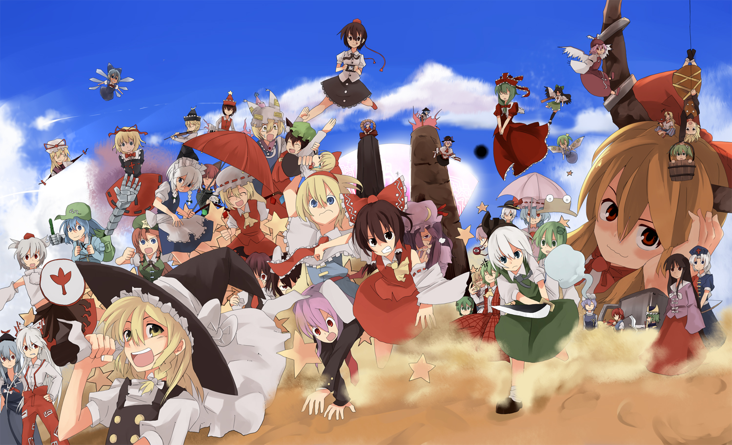 mieharu, aki minoriko, aki shizuha, alice margatroid, chen, cirno, daiyousei, flandre scarlet, fujiwara no mokou, hakurei reimu, hinanawi tenshi, hong meiling, hoshiguma yuugi, houraisan kaguya, ibuki suika, inaba tewi, inubashiri momiji, izayoi sakuya, kaenbyou rin, kagiyama hina, kamishirasawa keine, kawashiro nitori, kazami yuuka, kirisame marisa, kisume, koakuma, kochiya sanae, komeiji koishi, komeiji satori, konpaku youmu, kurodani yamame, letty whiterock, lunasa prismriver, lyrica prismriver, medicine melancholy, mizuhashi parsee, moriya suwako, mystia lorelei, nagae iku, onozuka komachi, patchouli knowledge, reisen udongein inaba, reiuji utsuho, remilia scarlet, rumia, shameimaru aya, shanghai doll, shiki eiki, wriggle nightbug, yagokoro eirin, yakumo ran, yakumo yukari, yasaka kanako, marisa stole the precious thing, touhou, 6+girls, absolutely everyone, anger vein, animal ears, animal hat, antennae, arm cannon, armor, ascot, blonde hair, blue sky, blunt bangs, bow, bucket, camera, cat ears, cloud, crossed legs, cucumber, day, detached sleeves, devil ears, doll, dress, everyone, fairy, fox, fox ears, gap (touhou), ghost, giant, giantess, hair ornament, hair ribbon, hat, hime cut, horns, insect wings, instrument, japanese clothes, katana, keyboard, keyboard (instrument), long sleeves, maid, miko, mob cap, multiple girls, nekomata, oni, outdoors, plaid clothes, plaid skirt, plaid vest, power armor, puffy short sleeves, puffy sleeves, rabbit, rabbit ears, rabbit girl, red eyes, ribbon, sack, scythe, shield, shoes, short hair, short sleeves, single horn, sitting, skirt, skirt set, sky, socks, star (symbol), suspenders, sword, tokin hat, umbrella, upside-down, vest, violin, weapon, white hair, wide sleeves, wings, witch, witch hat