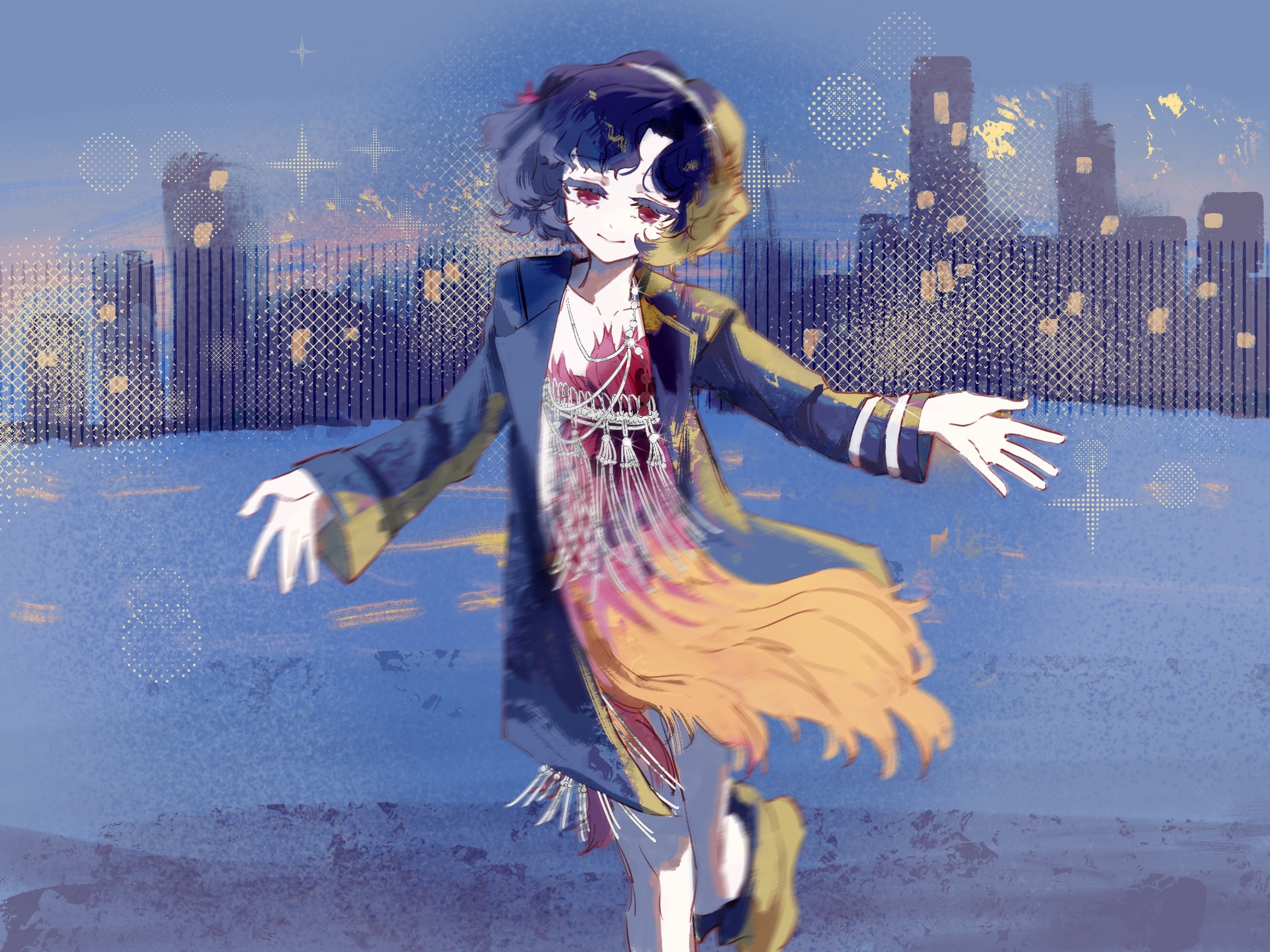 chilizi, schneider (reverse:1999), reverse:1999, highres, 1girl, black boots, black coat, black hair, blue background, boots, city lights, closed mouth, coat, dress, feather dress, feather hair ornament, feathers, foot out of frame, hair ornament, hairband, leg up, open clothes, open coat, outstretched arms, red dress, red eyes, red feathers, short dress, short hair, skyline, smile, solo, sparkle, spread arms, white hairband