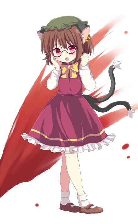 matsusaka gyuu, chen, touhou, bad id, bad pixiv id, 1girl, animal ears, bespectacled, blood, brown hair, cat ears, cat girl, cat tail, earrings, excessive nosebleed, female focus, glasses, hat, jewelry, multiple tails, nosebleed, red-framed eyewear, red eyes, short hair, solo, tail, twintails