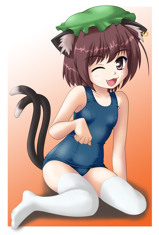 neopure, chen, touhou, 1girl, animal ears, brown eyes, brown hair, cat ears, cat girl, cat tail, earrings, fang, female focus, hat, jewelry, one-piece swimsuit, one eye closed, open mouth, school swimsuit, short hair, sitting, smile, solo, swimsuit, tail, thighhighs, thighs, twintails, white thighhighs, wink