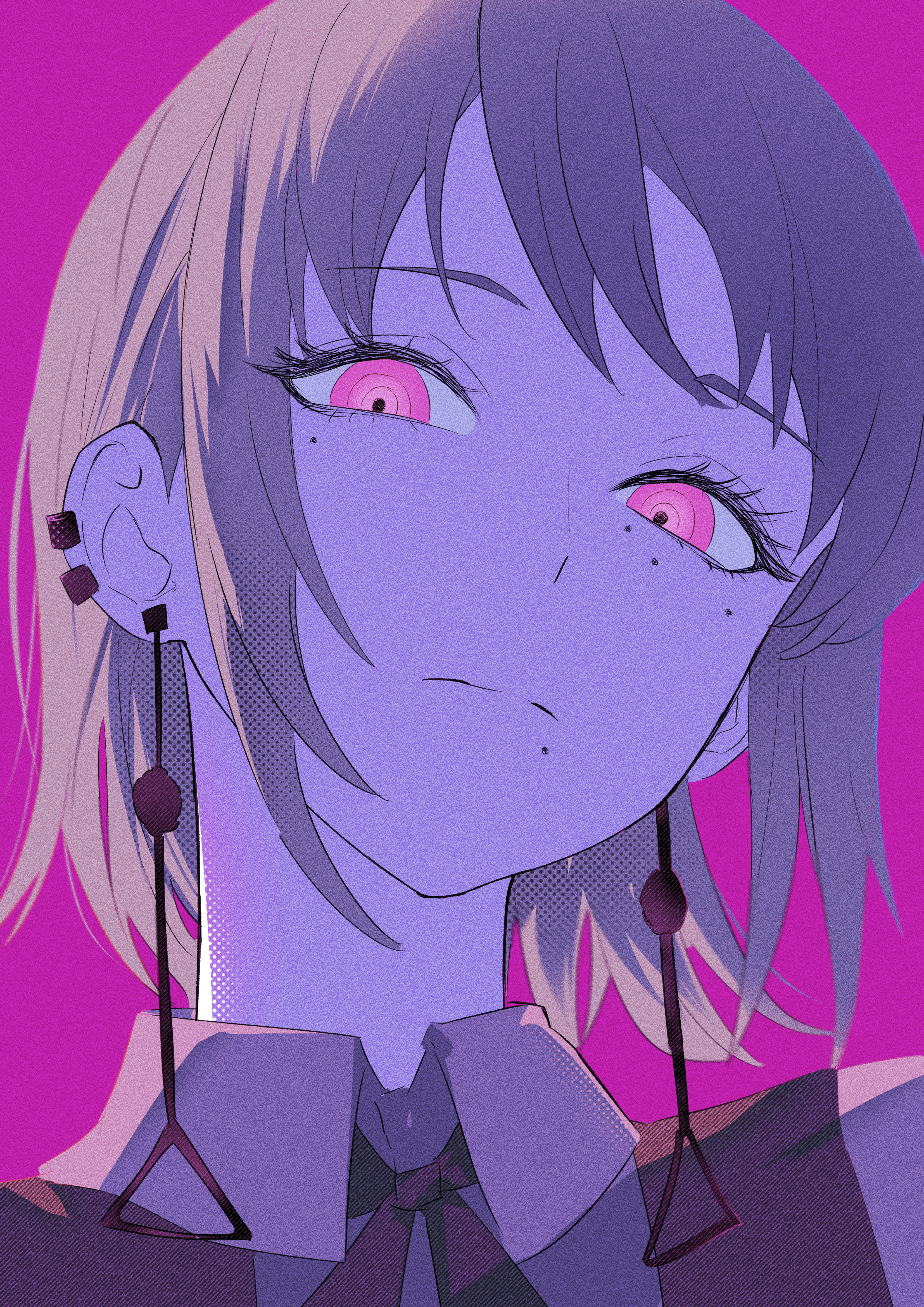 bubba62473394, fami (chainsaw man), chainsaw man, absurdres, highres, 1girl, close-up, closed mouth, dress, earrings, fourth east high school uniform, grey hair, grey shirt, jewelry, medium hair, mole, mole under eye, mole under mouth, multiple moles, purple background, purple dress, purple eyes, school uniform, shirt, solo
