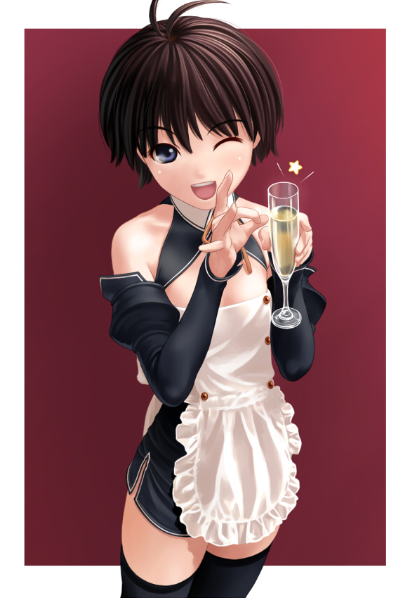nekopuchi, kikuchi makoto, nao (dream c club), dream c club, dream c club (series), idolmaster, idolmaster (classic), 1girl, ahoge, alcohol, antenna hair, apron, black thighhighs, champagne, champagne flute, cosplay, cowboy shot, cup, drinking glass, female focus, flat chest, looking at viewer, maid, maid apron, nao (dream c club) (cosplay), one eye closed, short hair, simple background, solo, star (symbol), thighhighs, waitress, wink