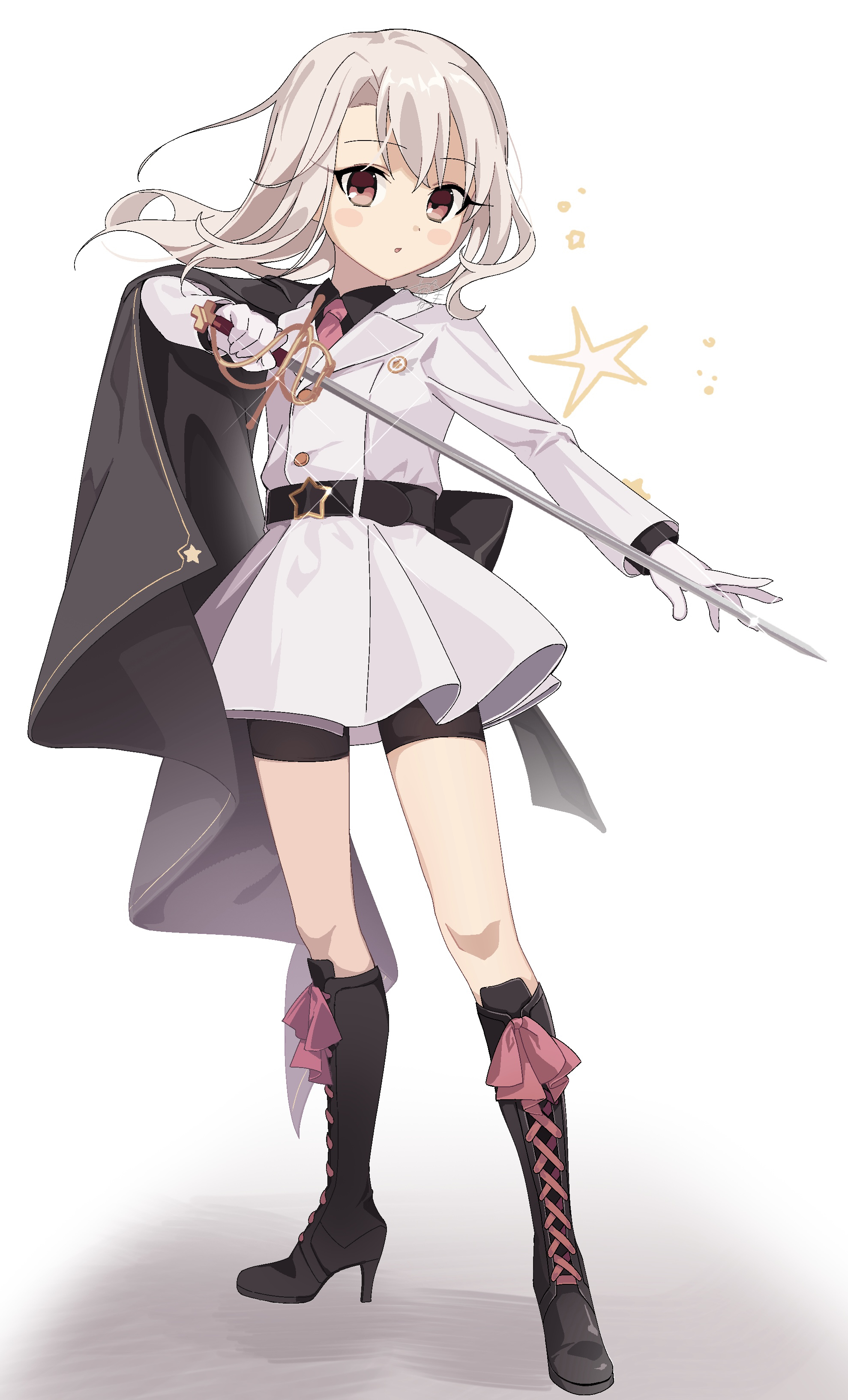 akaneko016, illyasviel von einzbern, fate/grand order, fate/kaleid liner prisma illya, fate (series), absurdres, highres, 1girl, back bow, belt, bike shorts, black belt, black boots, black bow, black cape, black shirt, black shorts, blush stickers, boots, bow, cape, collared shirt, floating hair, full body, gloves, grey hair, hair between eyes, high heel boots, high heels, holding, holding sword, holding weapon, jacket, lapels, long hair, long sleeves, looking at viewer, necktie, open mouth, pink necktie, purple bow, red eyes, shadow, shirt, shorts, simple background, solo, sparkle, standing, star (symbol), star ornament, star print, sword, weapon, white background, white gloves, white jacket