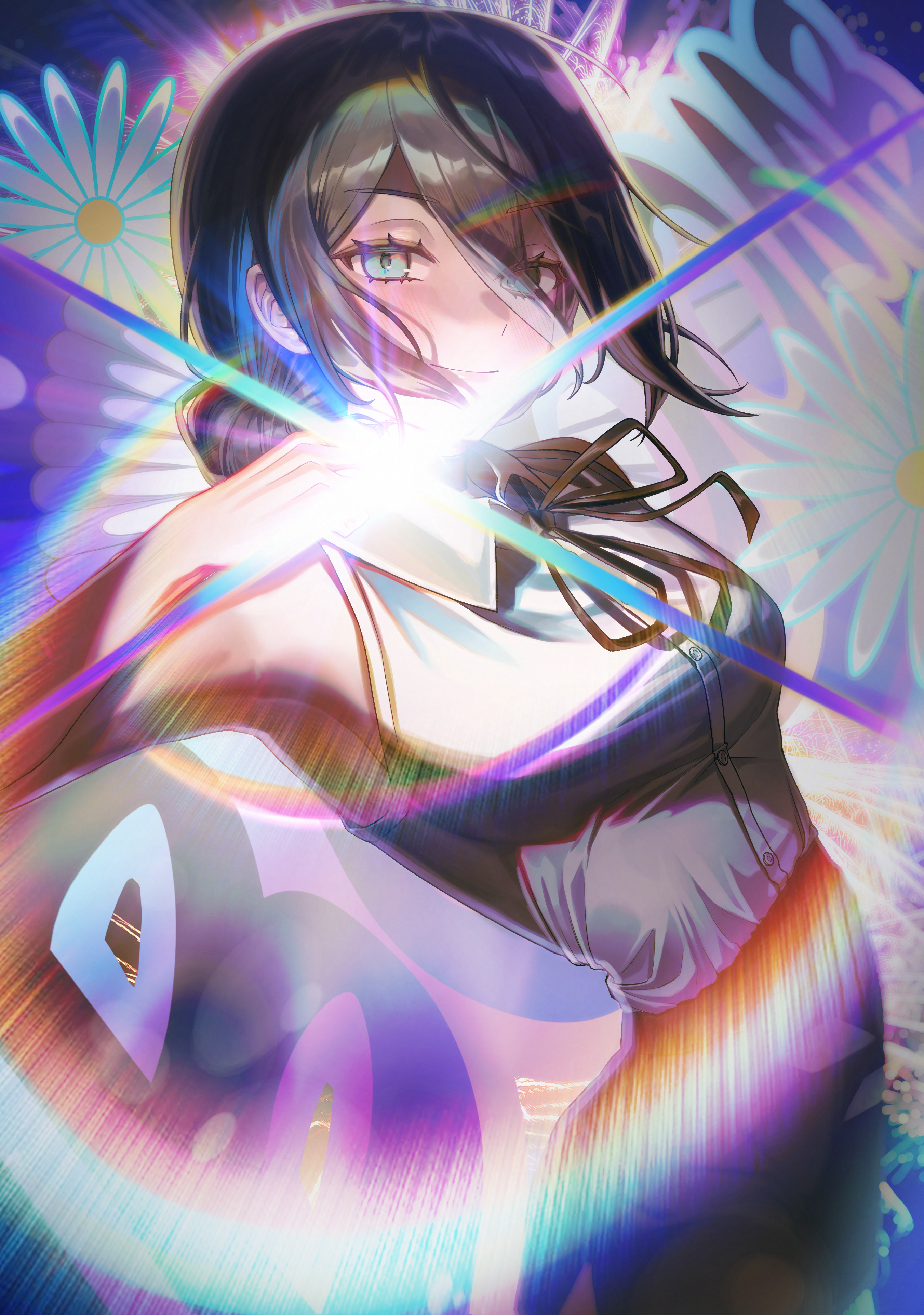 yachae (yachae1710), reze (chainsaw man), chainsaw man, absurdres, highres, 1girl, black hair, black ribbon, blue eyes, flower, hair between eyes, hair bun, imminent explosion, looking at viewer, neck ribbon, ribbon, shirt, shirt tucked in, sleeveless, sleeveless shirt, solo, white flower, white shirt