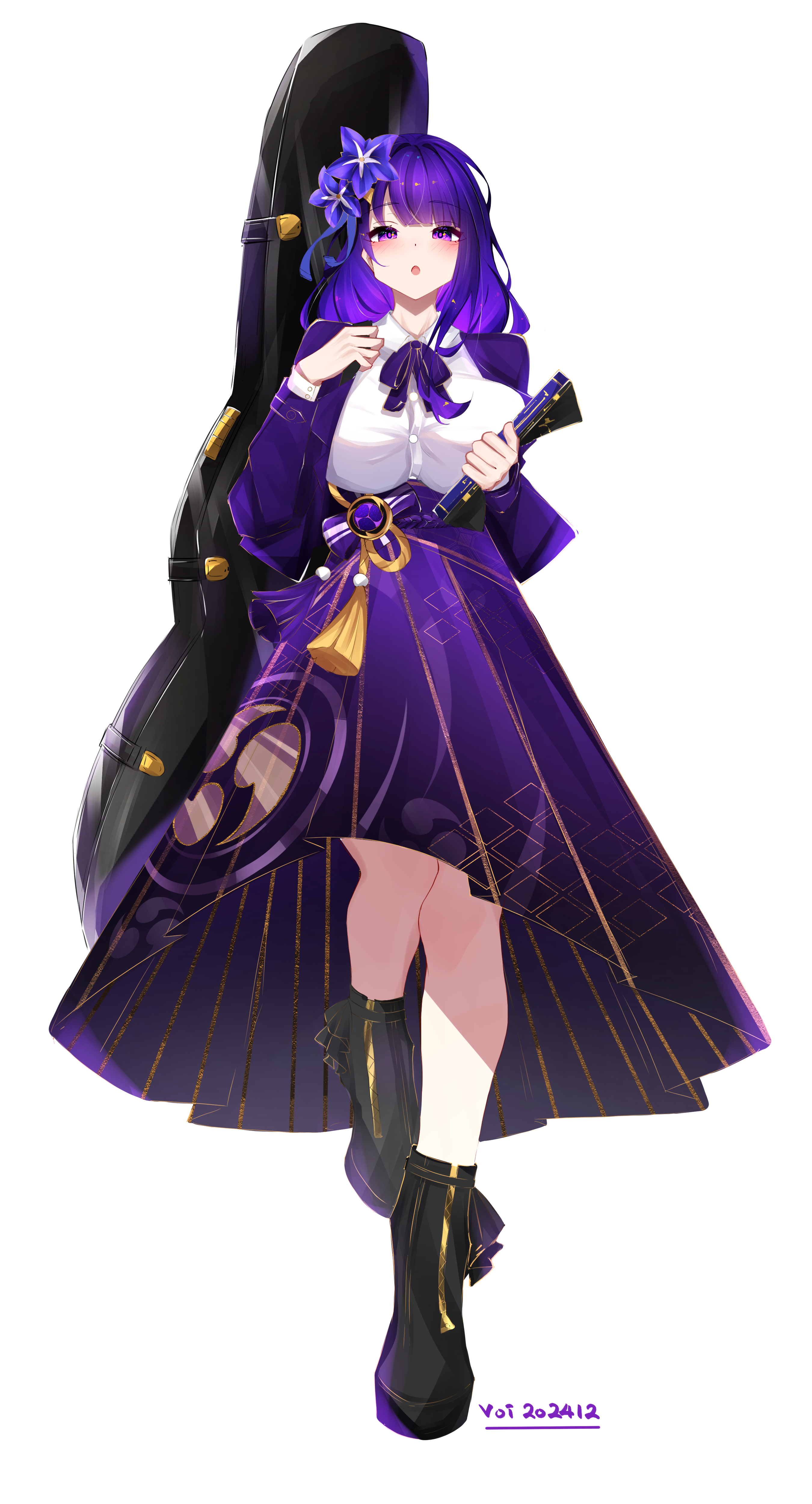 voi 271, raiden shogun, genshin impact, absurdres, commentary request, highres, 1girl, alternate costume, artist name, black shoes, blunt bangs, blush, book, bow, bowtie, breasts, collared shirt, dated, dress, flower, flower ornament, full body, gradient hair, holding, holding book, huge breasts, instrument, jacket, long hair, long sleeves, looking at viewer, mitsudomoe (shape), multicolored hair, open clothes, open jacket, open mouth, purple eyes, purple flower, purple hair, purple jacket, shade, shirt, shoes, solo, tomoe (symbol), white background, white shirt