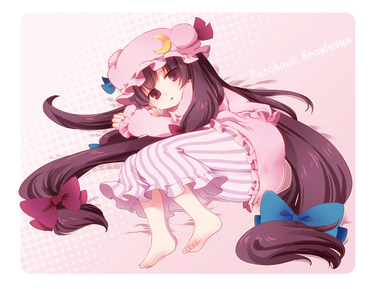 chaba (hortensia), patchouli knowledge, touhou, bad id, bad pixiv id, 1girl, barefoot, feet, female focus, hair ribbon, hat, long hair, lying, purple eyes, purple hair, ribbon, solo, very long hair