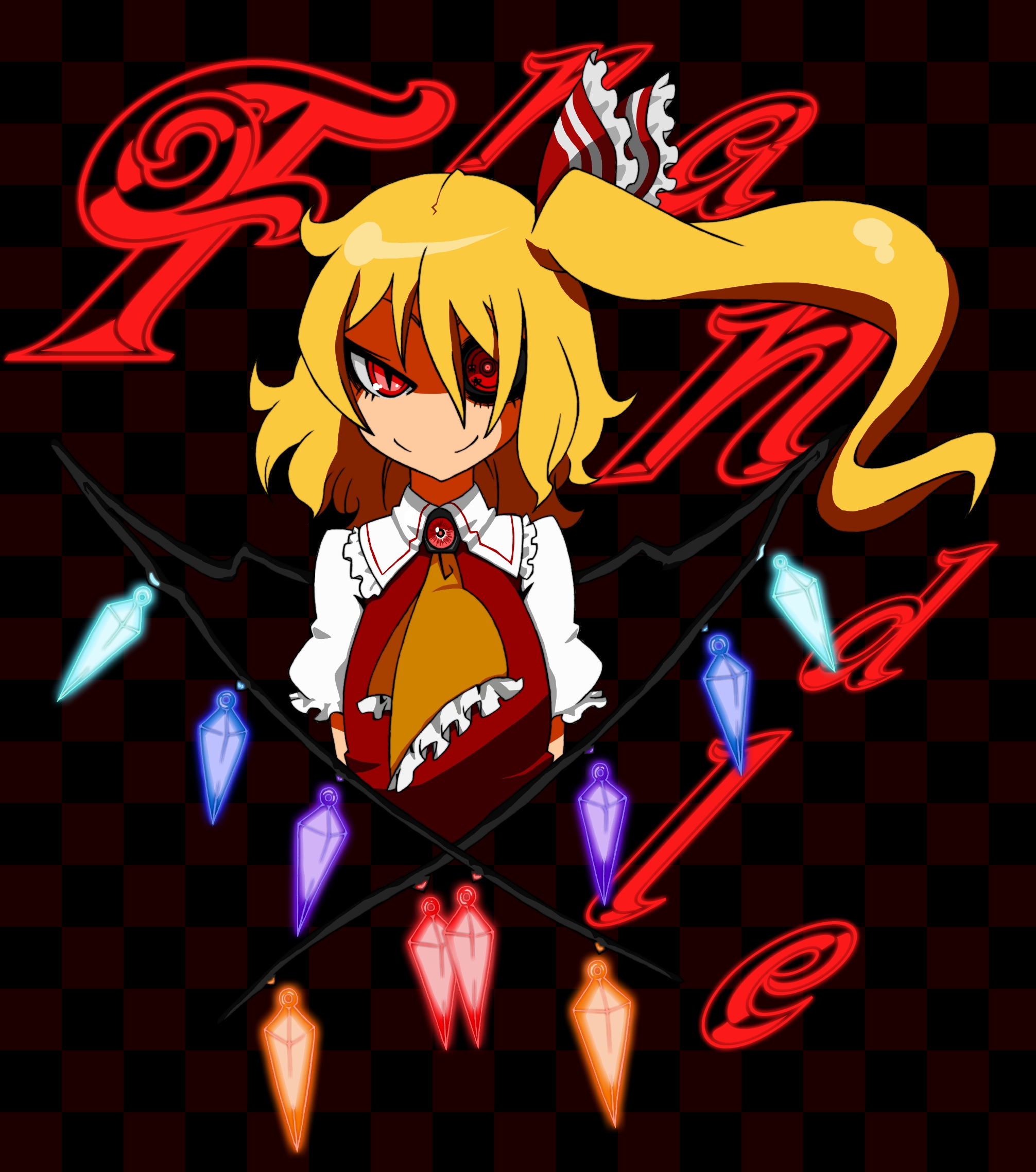 haiiro gundan, flandre scarlet, touhou, highres, 1girl, blonde hair, blouse, collared shirt, female focus, hair between eyes, one side up, ponytail, red eyes, shirt, short hair, short hair with long locks, side ponytail, solo, white shirt, wings