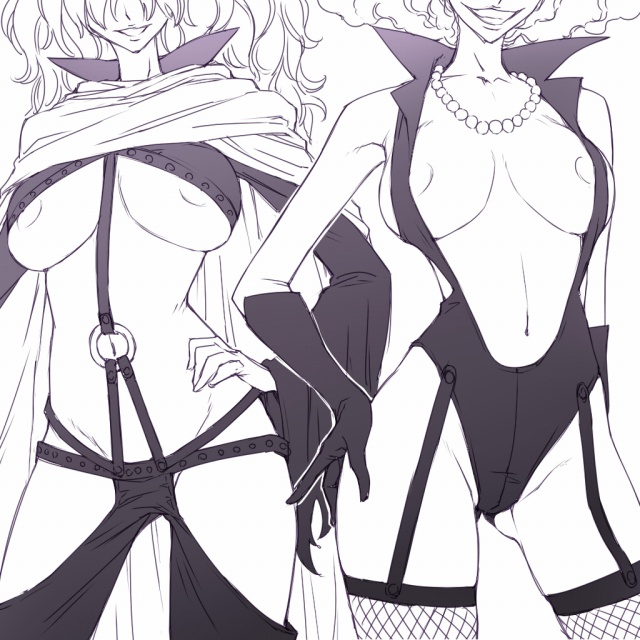 mosha, emporio ivankov, sadi-chan, one piece, fishnet legwear, 2girls, breasts, fishnets, gem, gloves, greyscale, grin, head out of frame, large breasts, monochrome, multiple girls, no bra, pearl (gemstone), revealing clothes, smile, thighhighs