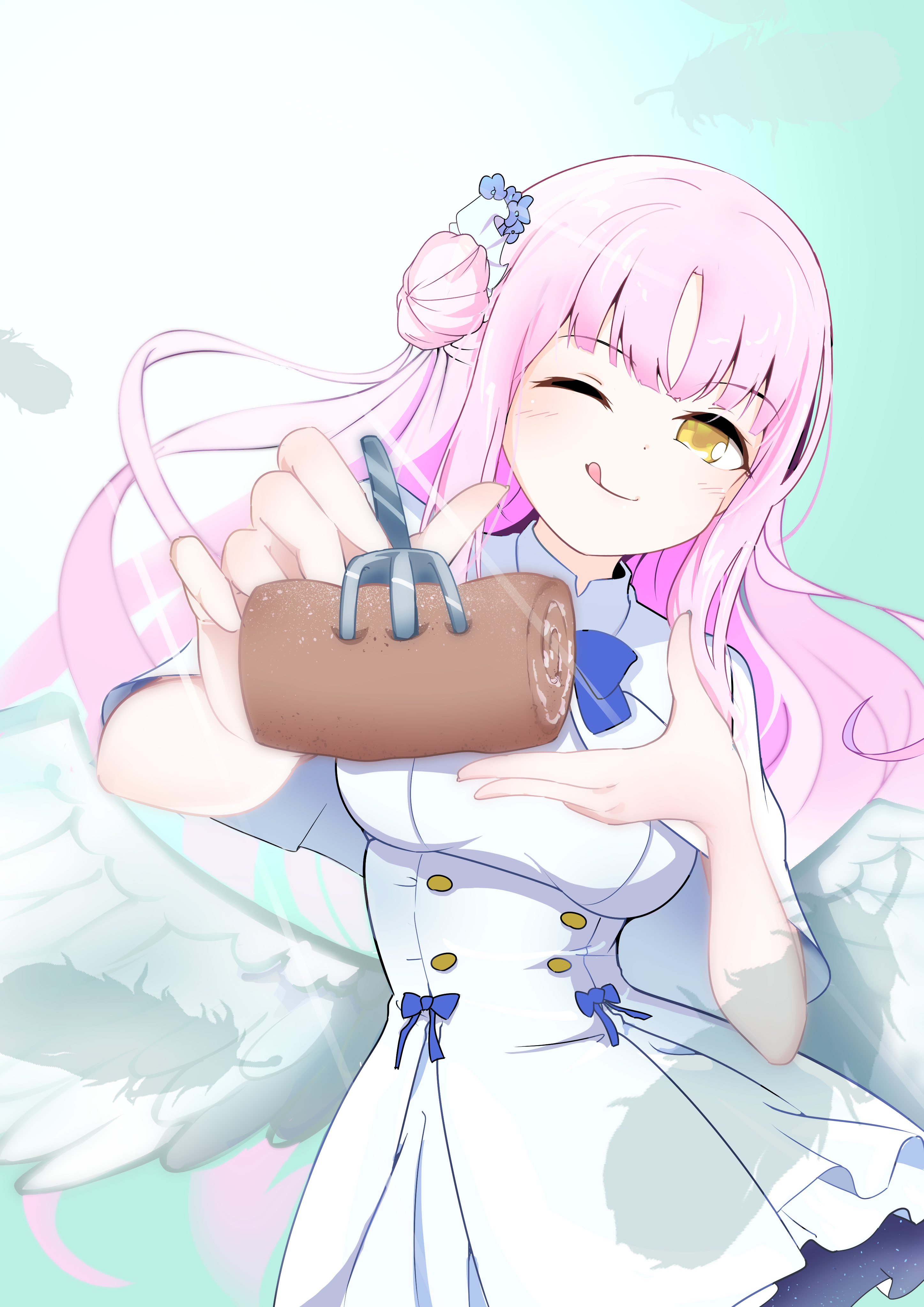 suroe (wksx578), mika (blue archive), blue archive, absurdres, commentary request, highres, 1girl, ;q, blue bow, blue bowtie, blue flower, blunt bangs, blush, bow, bowtie, breasts, buttons, cake, capelet, closed mouth, cowboy shot, double-breasted, dress, dress bow, feathered wings, floating hair, flower, food, fork, frilled dress, frills, gradient background, hair bun, hair flower, hair ornament, hands up, holding, holding fork, incoming food, large breasts, long hair, looking at viewer, low wings, one eye closed, pink hair, sidelocks, simple background, single side bun, smile, solo, swiss roll, tongue, tongue out, white background, white capelet, white dress, white wings, wings, yellow eyes