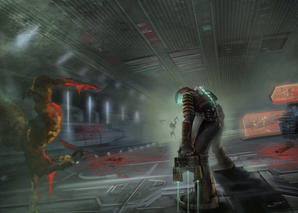 isaac clarke, dead space (series), light, armor, gun, helmet, monster, power suit, science fiction, weapon