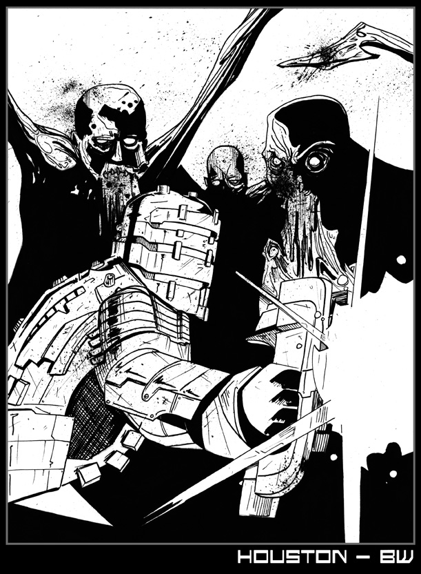 isaac clarke, dead space (series), light, armor, gun, helmet, monster, power armor, power suit, science fiction, struggling, weapon