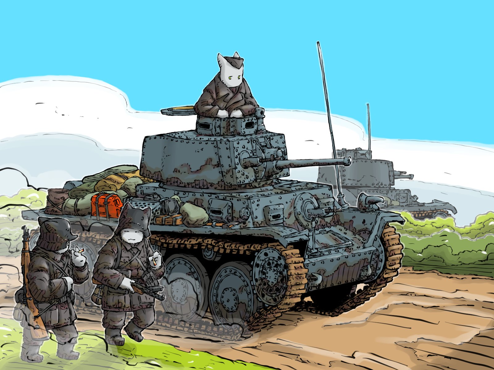 yabarn, original, highres, vehicle request, 3boys, blue sky, cannon, cat boy, caterpillar tracks, day, dirt road, gun, jerry can, machine gun, military vehicle, motor vehicle, multiple boys, path, road, sky, tank, vehicle focus, weapon