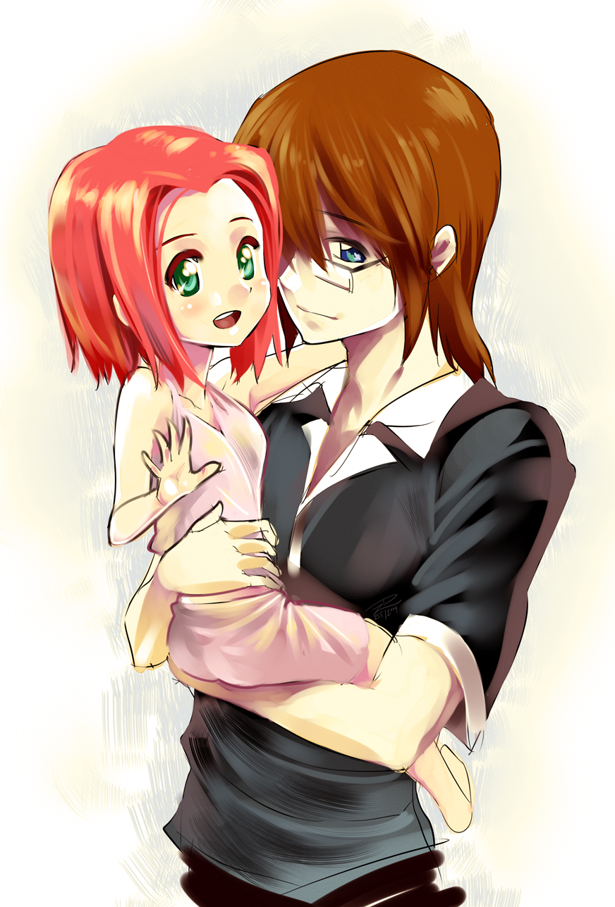 zpolice, kouzuki kallen, code geass, original, bad id, bad pixiv id, highres, 00s, aged down, artist self-insert, blue eyes, brown hair, child, glasses, green eyes, red hair, short hair, white background