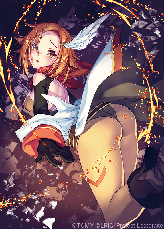 kutori pan'ya, dona (wixoss), wixoss, official art, 1girl, ass, blush, breasts, copyright notice, feather hair ornament, feathers, hair ornament, leotard, looking at viewer, medium breasts, open mouth, orange eyes, orange hair, pantyhose, short hair, sideboob, solo, yellow leotard, yellow pantyhose