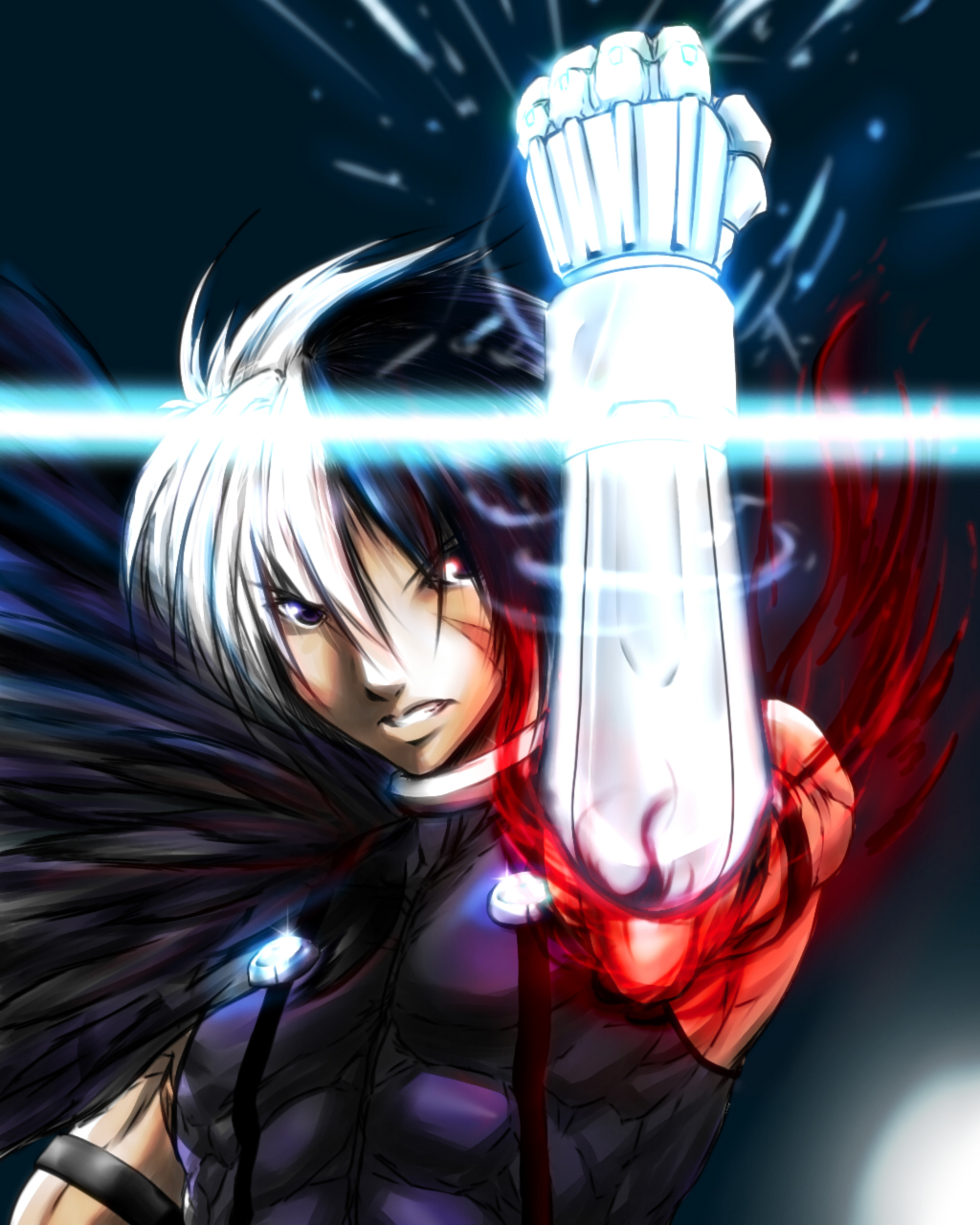 jin (mugenjin), nameless, nameless (kof), snk, the king of fighters, bad id, bad pixiv id, highres, 1boy, clenched hand, clenched teeth, male focus, multicolored hair, muscular, raised fist, solo, split-color hair, teeth