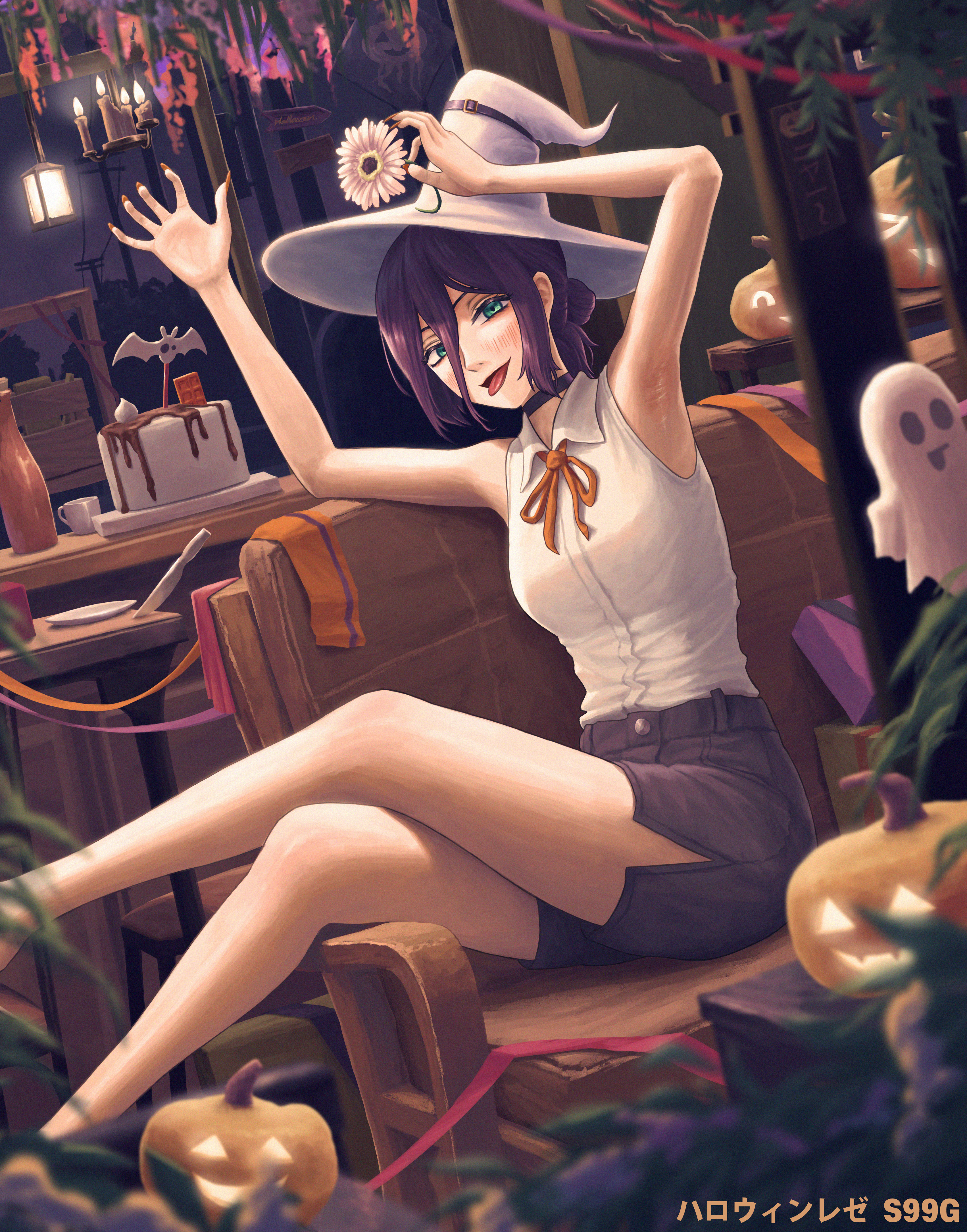 s99g, reze (chainsaw man), chainsaw man, absurdres, highres, 1girl, armpits, arms up, black choker, black shorts, bottle, cake, candle, candlestand, chair, choker, cup, flower, food, green eyes, hair bun, halloween, hat, holding, holding flower, jack-o'-lantern, lantern, mug, neck ribbon, on chair, orange ribbon, purple hair, ribbon, shirt, shirt tucked in, shorts, solo, white flower, white hat, white shirt, witch hat