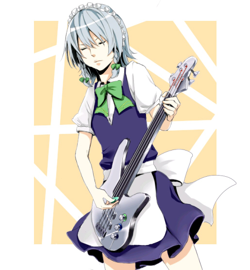 kurohachimitsu, izayoi sakuya, touhou, silver hair, bad id, bad pixiv id, 1girl, bass guitar, braid, closed eyes, dress, female focus, guitar, instrument, maid, solo, twin braids, white background