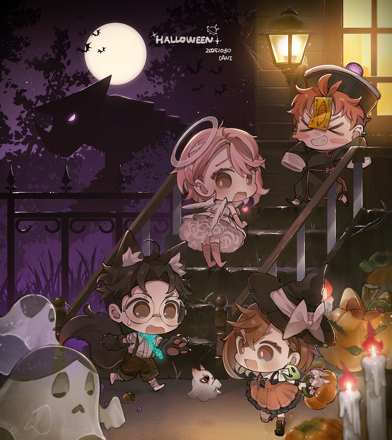 comimingming, ayase momo, enjoji jin, serpo (dandadan), shiratori aira (dandadan), takakura ken (dandadan), takakura ken (transformed) (dandadan), dandadan, highres, > <, 2boys, 2girls, :d, ahoge, angel, angel wings, animal ear fluff, animal hands, artist name, barefoot, black hair, black hat, black pants, black robe, blush stickers, bow, brown eyes, brown hair, candle, chain, chibi, chibi only, closed eyes, crossed bangs, dated, dress, earrings, facial mark, fang, full moon, furrowed brow, ghost costume, glasses, gloves, grin, hair between eyes, halloween, halloween bucket, halloween costume, halo, hat, hat bow, jack-o'-lantern, jewelry, jiangshi costume, kaiju, lantern, medium hair, moon, multiple boys, multiple girls, ofuda, ofuda on head, open mouth, outdoors, pants, pants rolled up, parted bangs, paw gloves, pink hair, pumpkin, qingdai guanmao, red dress, red hair, robe, round eyewear, short hair, sleeves past fingers, sleeves past wrists, sleeves rolled up, smile, stairs, suspenders, sweat, sweatdrop, trick-or-treating, werewolf costume, white dress, wings, witch, witch hat, xd