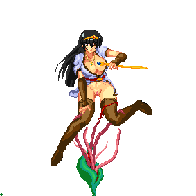 ki (druaga), druaga no tou, m.u.g.e.n, animated, animated gif, lowres, 1girl, assisted exposure, black hair, boots, breasts, breasts out, breasts squeezed together, cum, cum in mouth, functionally nude, large breasts, leaf, long hair, monster, no bra, no panties, paizuri, pixel art, plant, rape, restrained, simple background, tentacles, thigh boots, thighhighs, tiara, white background