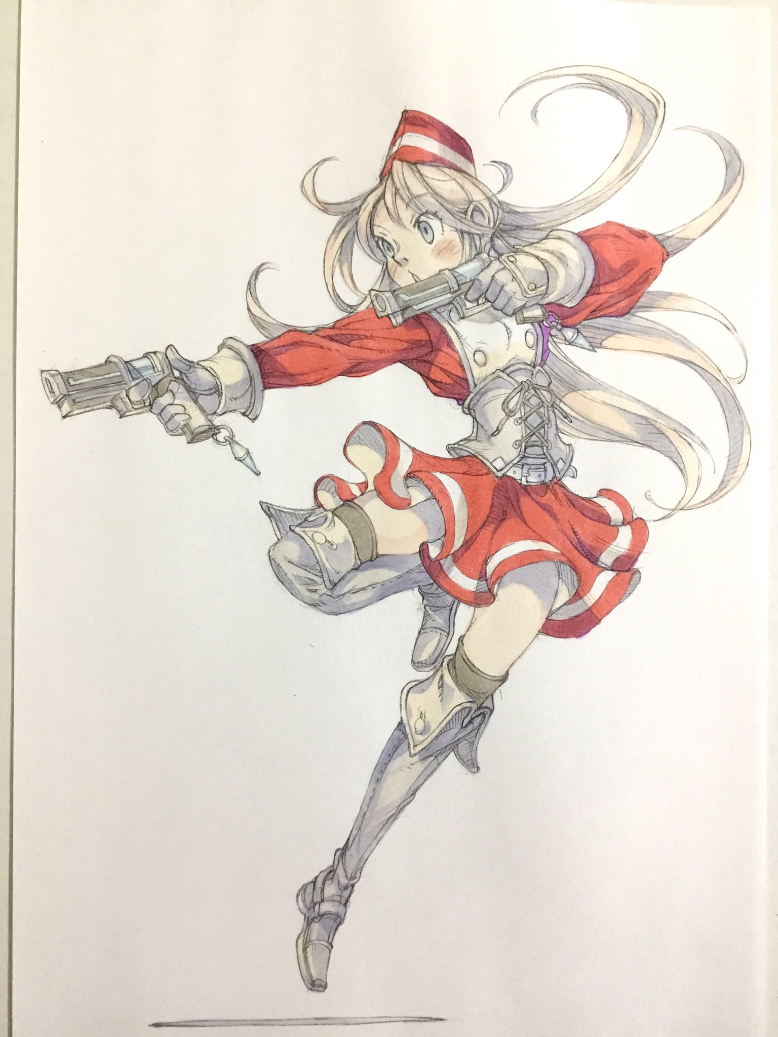 peter salt, original, commentary, highres, traditional media, 1girl, aiming, belt, belt buckle, blonde hair, blue eyes, boots, brown thighhighs, buckle, corset, dual wielding, full body, garrison cap, gloves, grey boots, grey corset, grey gloves, gun, handgun, hat, holding, holding gun, holding weapon, leg up, long hair, open mouth, red hat, red shirt, red skirt, shirt, skirt, sleeve cuffs, solo, thigh boots, thighhighs, turning head, underbust, very long hair, weapon, white belt