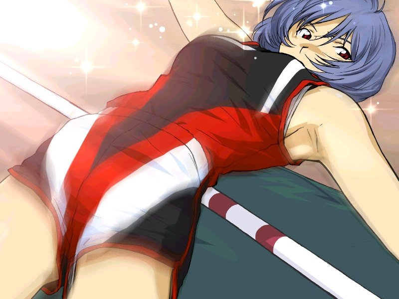 ayanami rei, neon genesis evangelion, armpits, blue hair, covered mouth, from below, high-waist shorts, high jump, motion blur, playing sports, red eyes, short shorts, shorts, side slit, side slit shorts, solo, sparkle, track and field