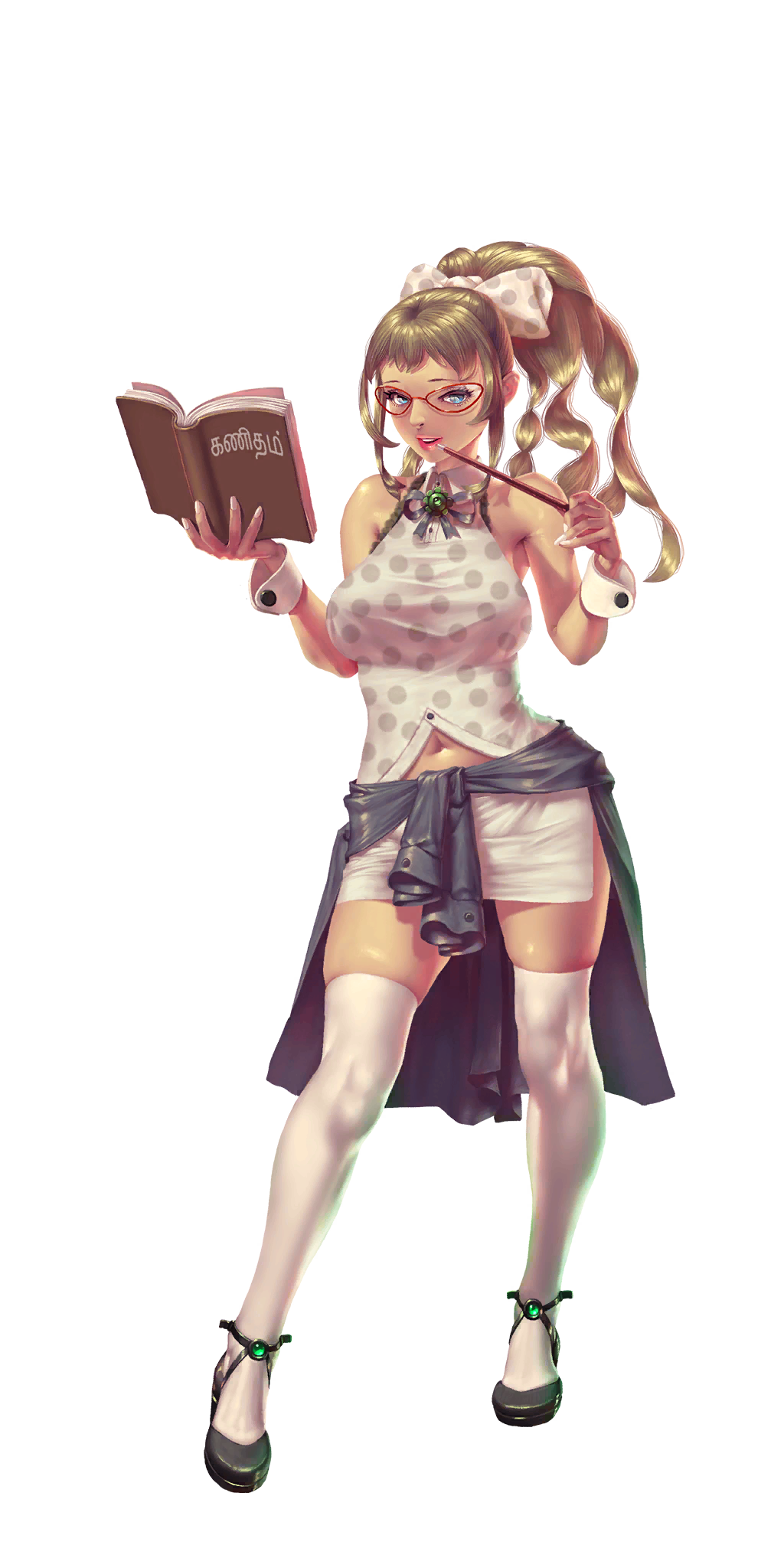 crystal maiden (series), artist request, bad source, game cg, highres, official art, third-party source, variant set, 1girl, alice (crystal maidens), bare shoulders, black shoes, blue eyes, book, breasts, brown hair, coat around waist, full body, glasses, holding, holding book, navel, polka dot, shoes, skirt, solo, teacher, transparent background