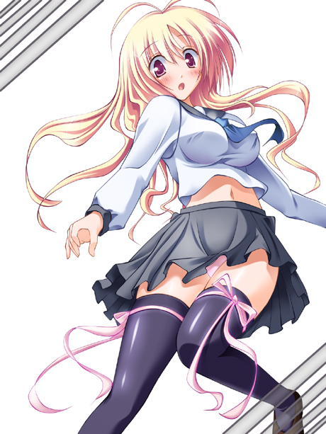massan, original, 1girl, antenna hair, blonde hair, blush, brown eyes, female focus, long hair, midriff, navel, necktie, open mouth, panties, pantyshot, ribbon, school uniform, solo, thighhighs, underwear, upskirt, zettai ryouiki
